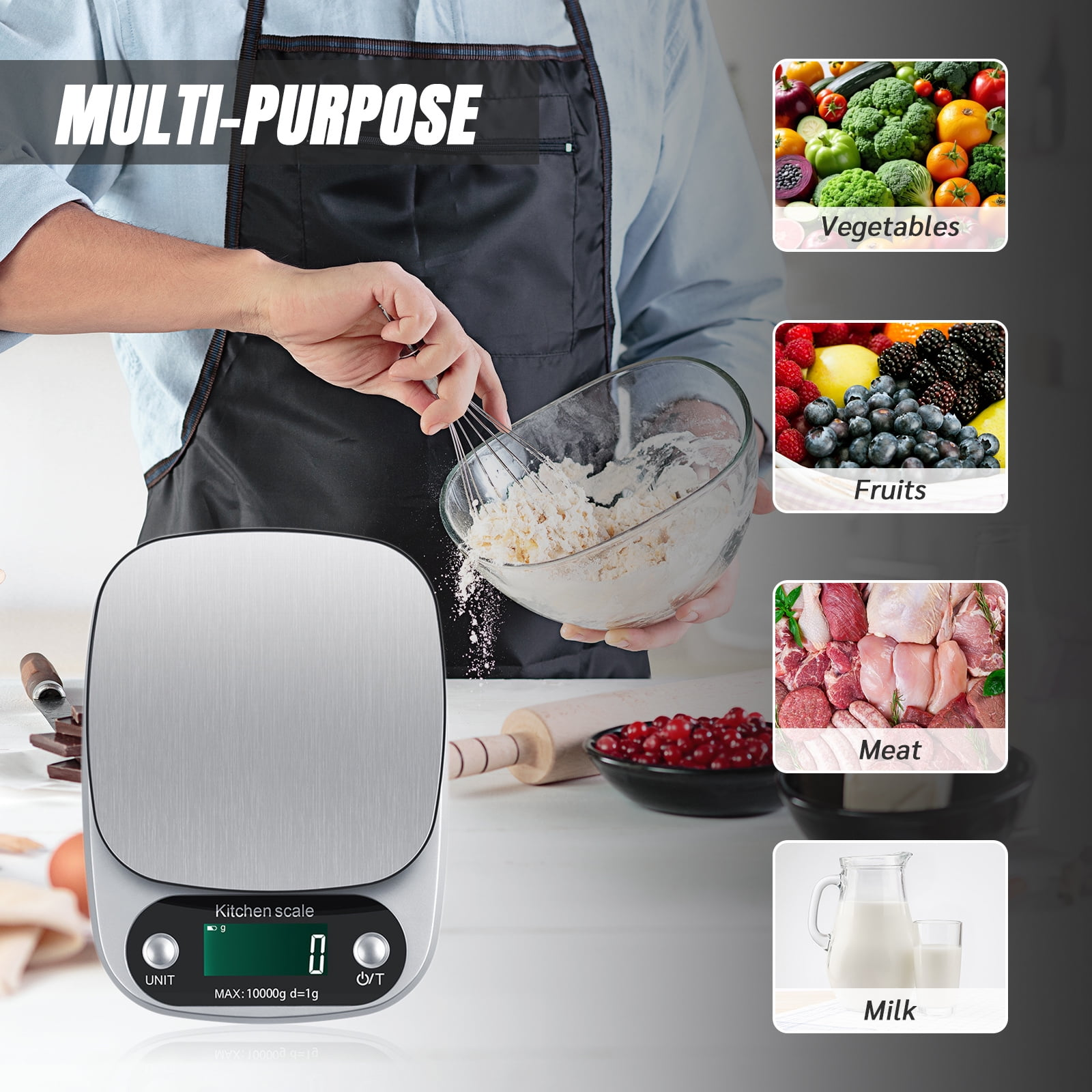 Eine Küchenwaage mit vier Einsatzfotos von Gemüse, Obst, Fleisch und Milch sowie einer Person, die Teig rührt.