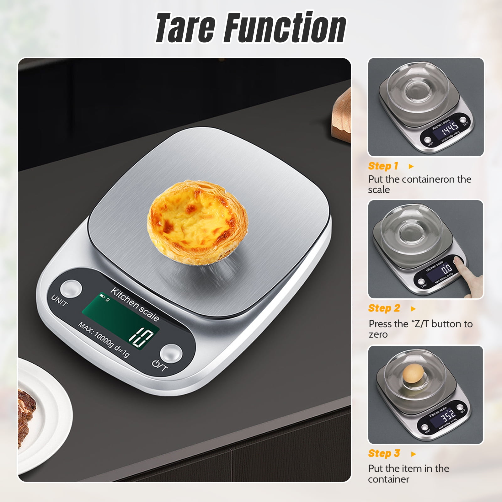 Eine Anleitung zur Tare-Funktion einer digitalen Küchenwaage mit drei Schritten und einer Eier-Tarte.