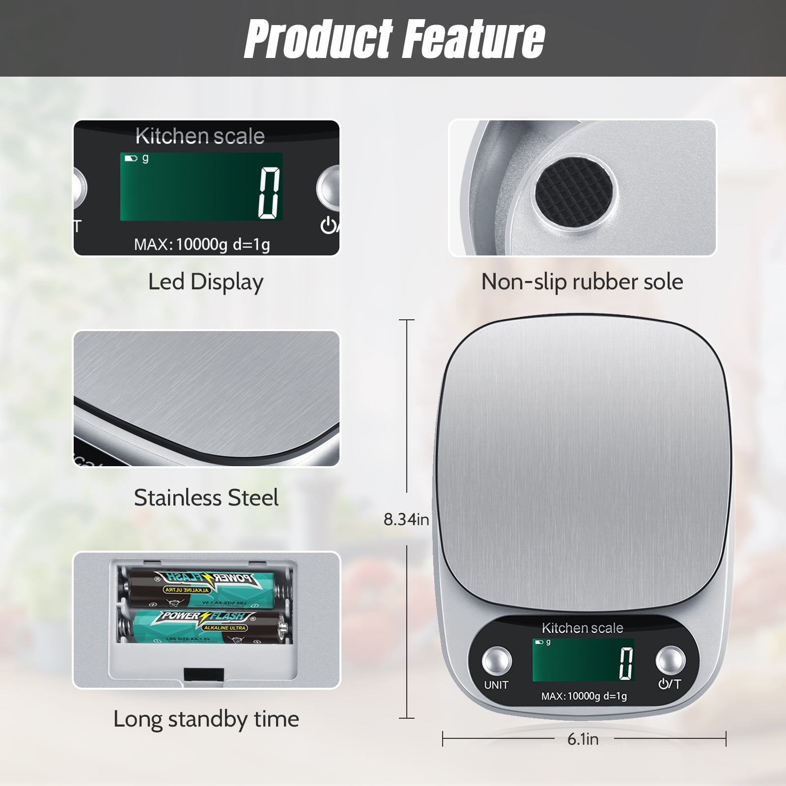 Produktmerkmale einer Edelstahl-Küchenwaage mit Maßen, LED-Display, Gummisohle und Batteriefach.