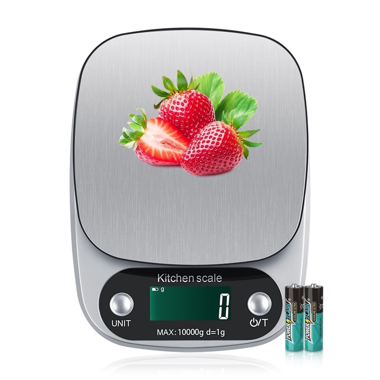 Silberne Küchenwaage mit Erdbeeren auf der Plattform und zwei Batterien daneben.