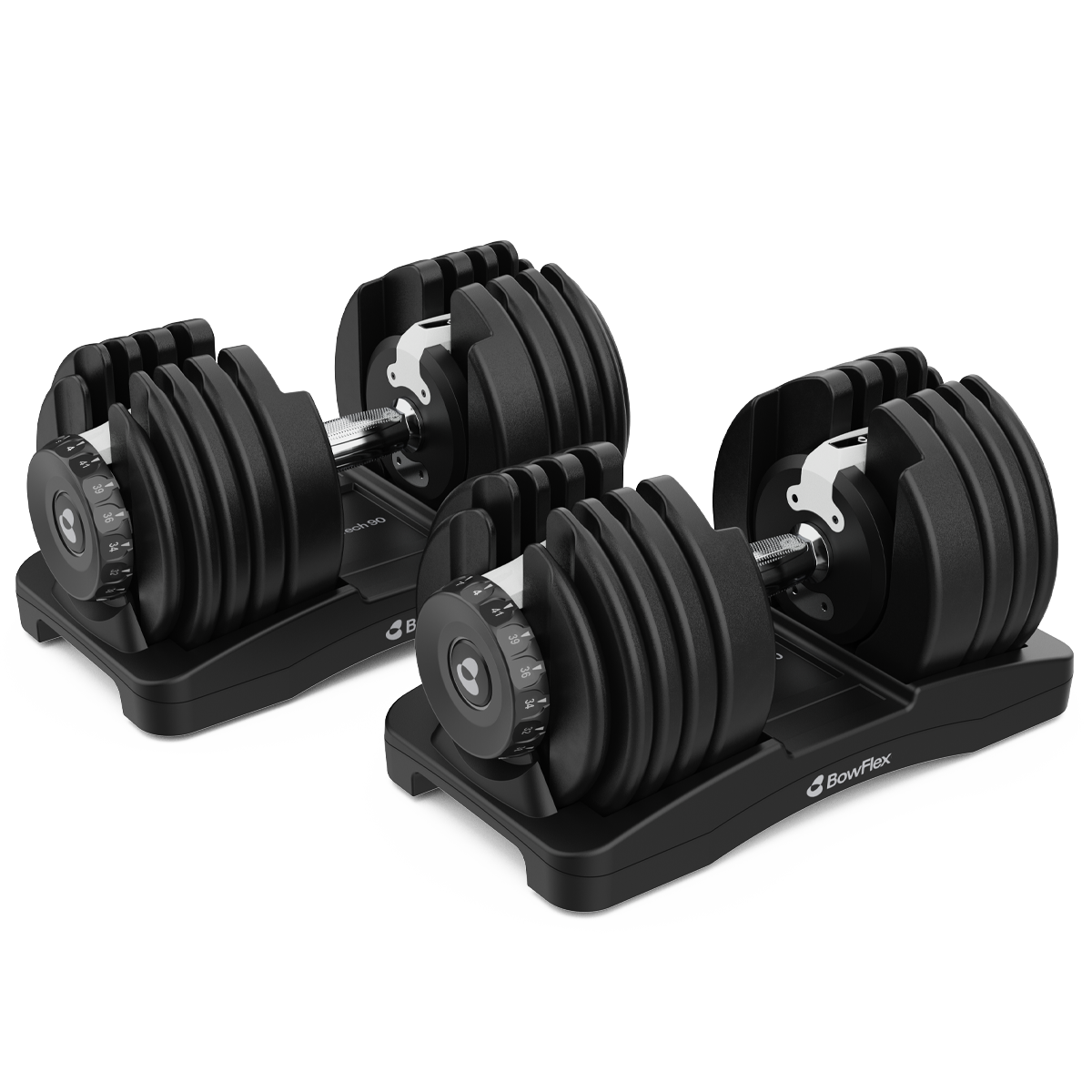 Zwei schwarze Bowflex-Hanteln mit verstellbarem Gewicht auf ihren Halterungen vor schwarzem Hintergrund.