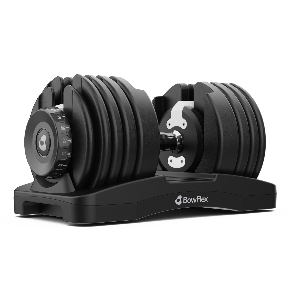 Verstellbare schwarze Bowflex-Hantel auf einem Ständer vor schwarzem Hintergrund.