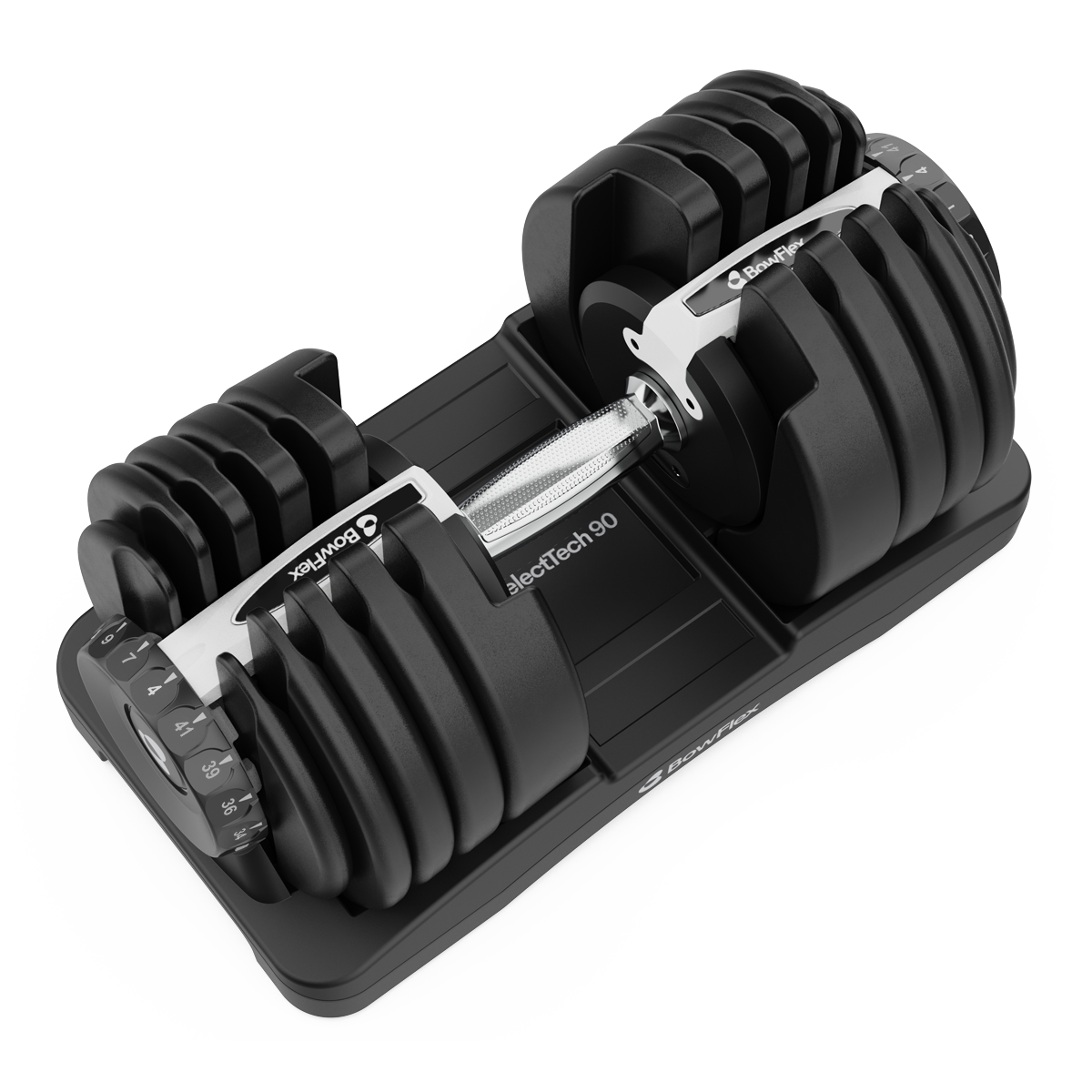 Verstellbare BowFlex SelectTech 90 Hantel mit schwarzem Gewicht auf einer Ablage auf schwarzem Hintergrund.