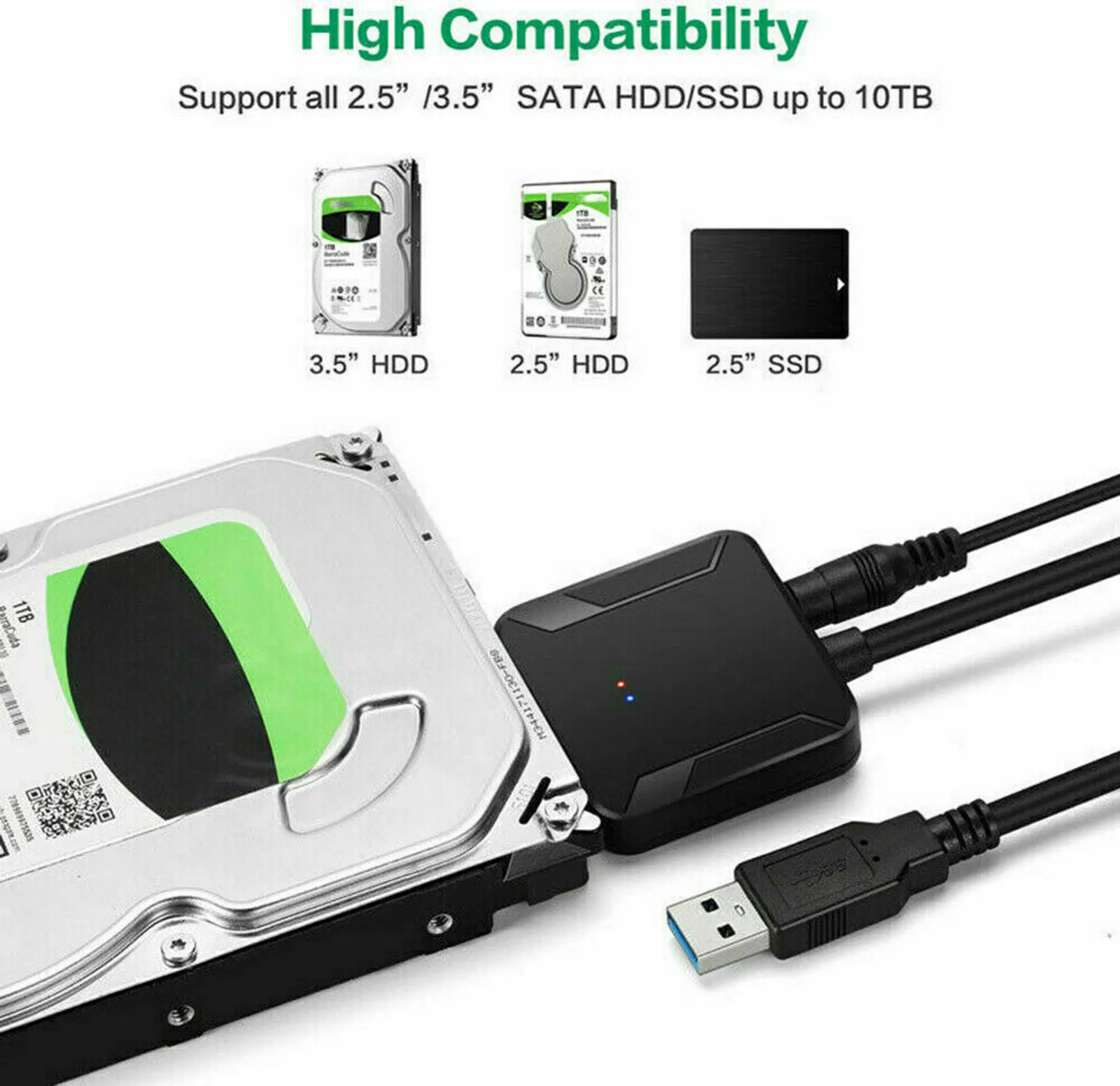 Festplatten-Adapter unterstützt 2,5" und 3,5" SATA HDD/SSD mit hoher Kompatibilität.