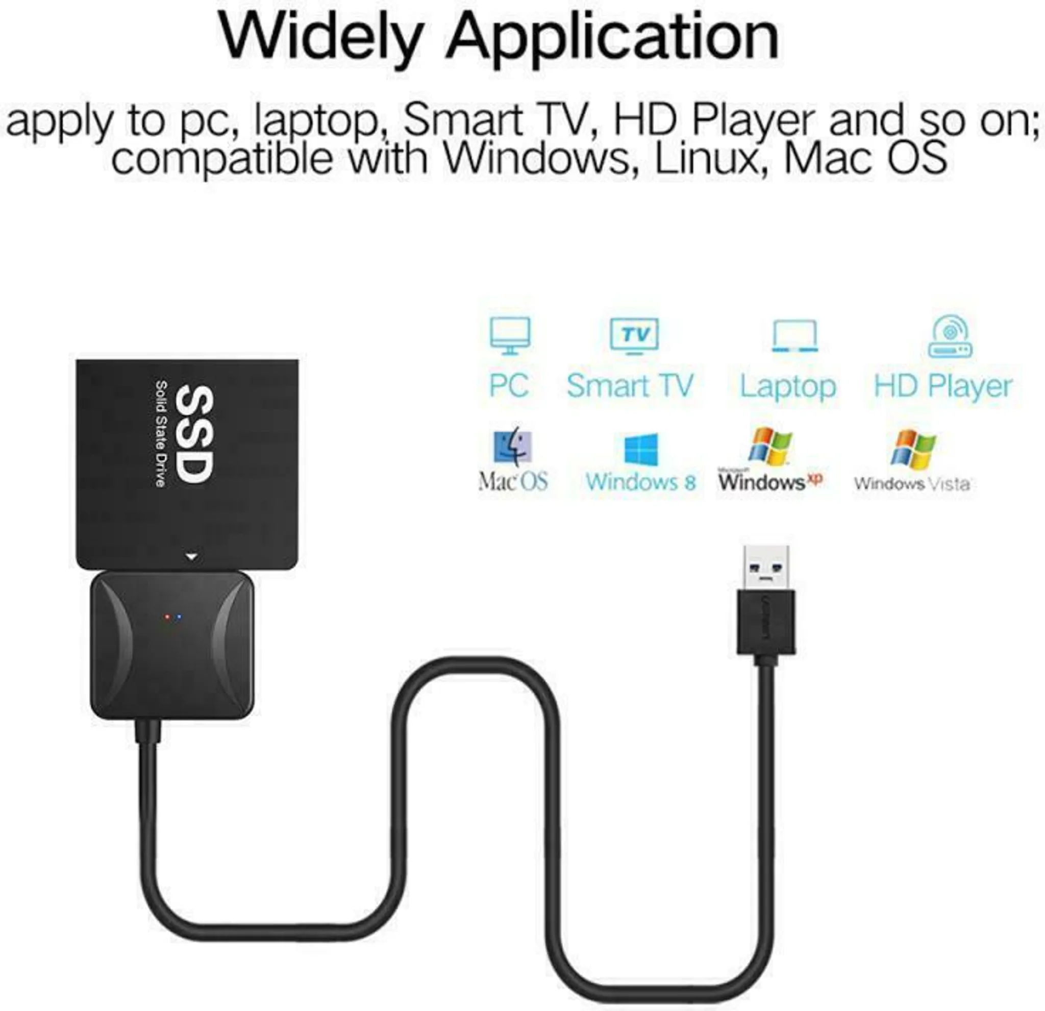 SSD-Festplatte verbunden mit einem schwarzen USB-Kabel und Kompatibilitätssymbolen oben.
