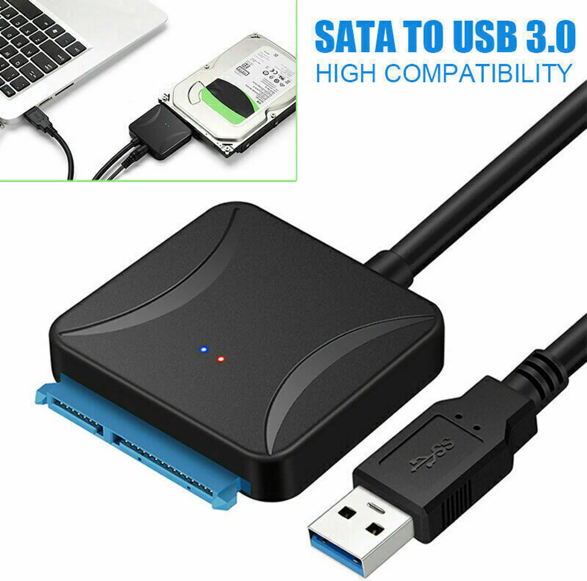 Ein schwarzer SATA-zu-USB-3.0-Adapter mit blauen und roten Leuchtanzeigen, verbunden mit einem blauen USB-Stecker.