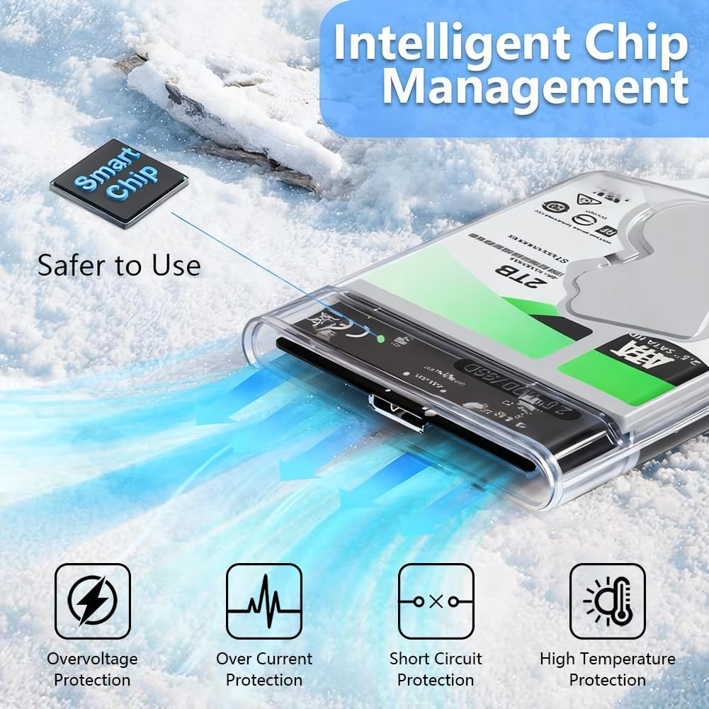 Transparente Festplatte im Schnee mit Symbolen für intelligenten Chip und verschiedene Schutzarten.