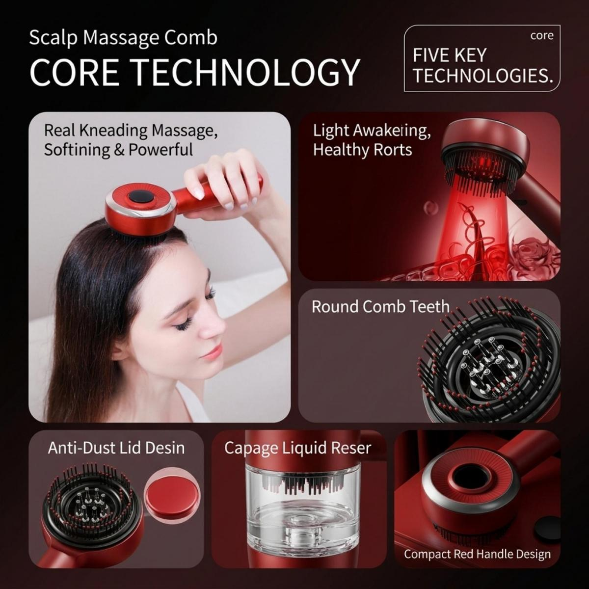Produktwerbung für eine rote Scalp Massage Comb mit fünf Kerntechnologien für Kopfhautpflege und Massage.