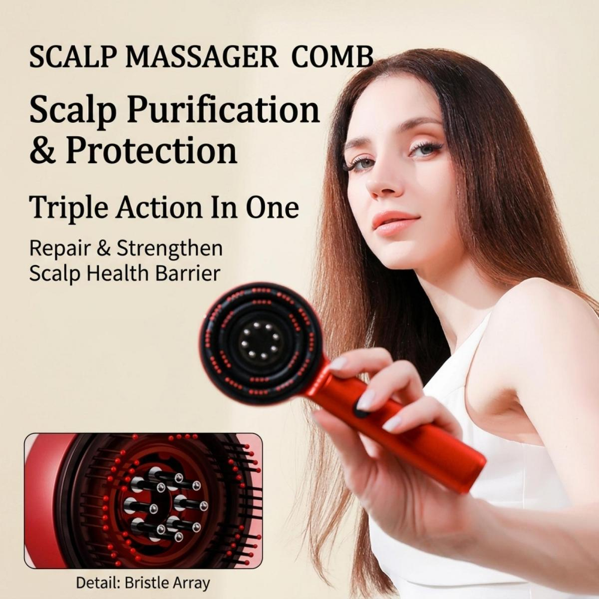 Eine Frau hält eine rote Kopfhautmassagebürste in der Hand, neben Text über Kopfhautreinigung.