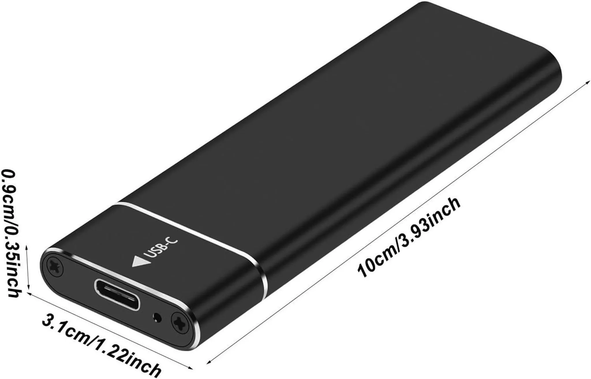 Schwarzes USB-C-Gehäuse mit Abmessungen von 10cm x 3.1cm x 0.9cm auf weißem Hintergrund.