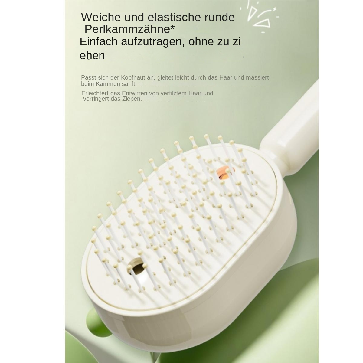 Eine weiße Haarbürste mit runden Perlenborsten auf grünem Hintergrund und deutschem Text.
