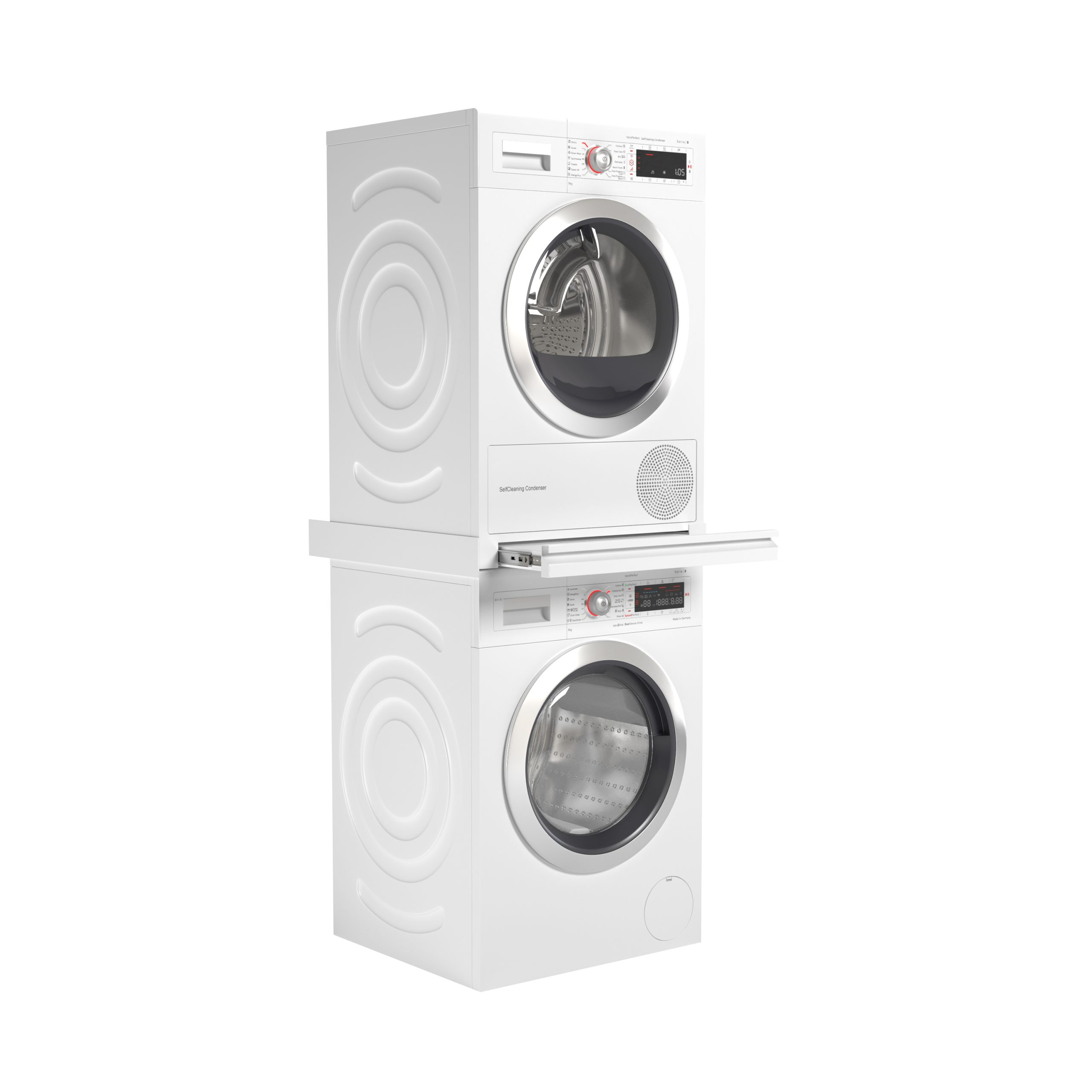 Een witte droger gestapeld op een wasmachine met een uitschuifbare plank ertussen op een witte achtergrond.