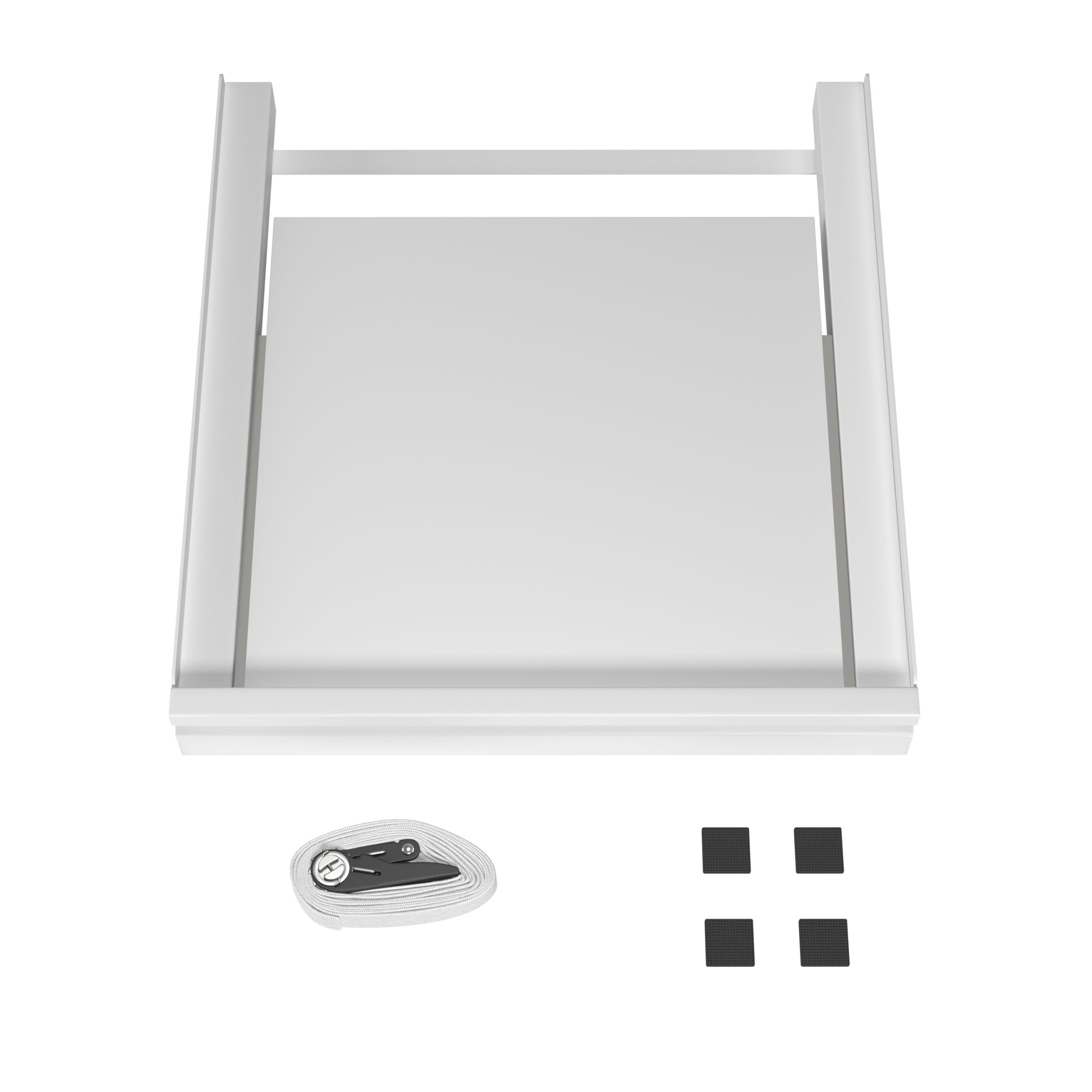 Witte metalen frame met een platform, een band en vier kleine zwarte kussentjes onderaan.