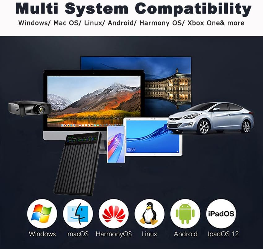 Multi-System-Kompatibilität mit verschiedenen Geräten wie Computern, Tablets, Handys und Autos.