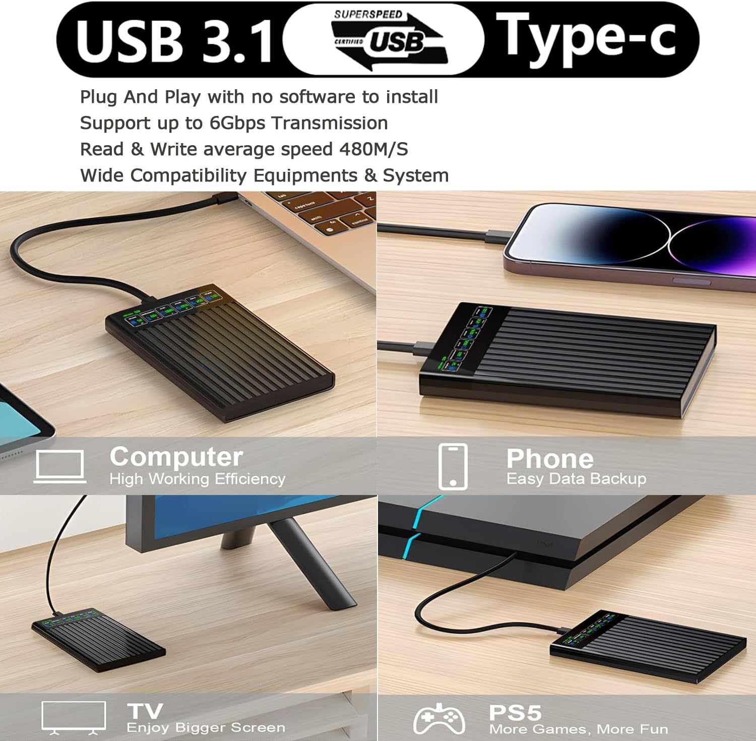 Ein schwarzer USB 3.1 Type-C Hub verbunden mit Computer, Smartphone, Fernseher und PS5.