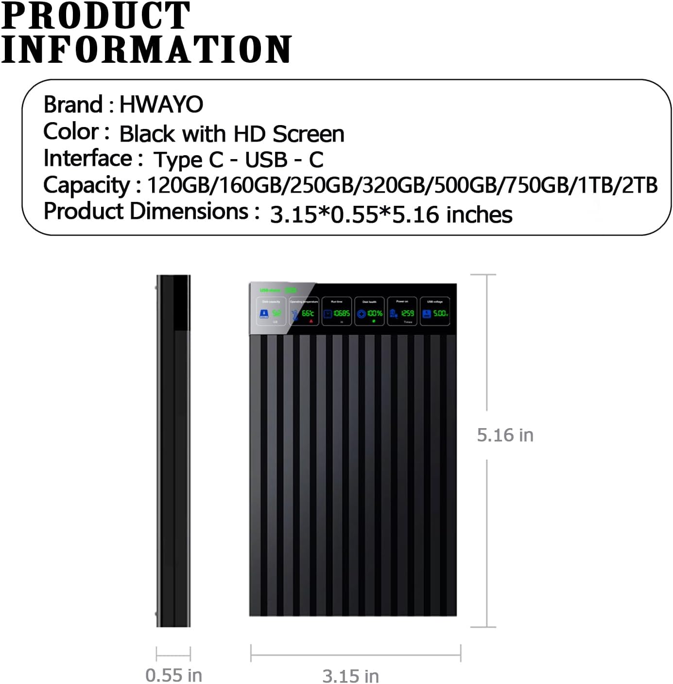 Produktinformationen und Maße für eine schwarze externe Festplatte von HWAYO mit HD-Bildschirm.