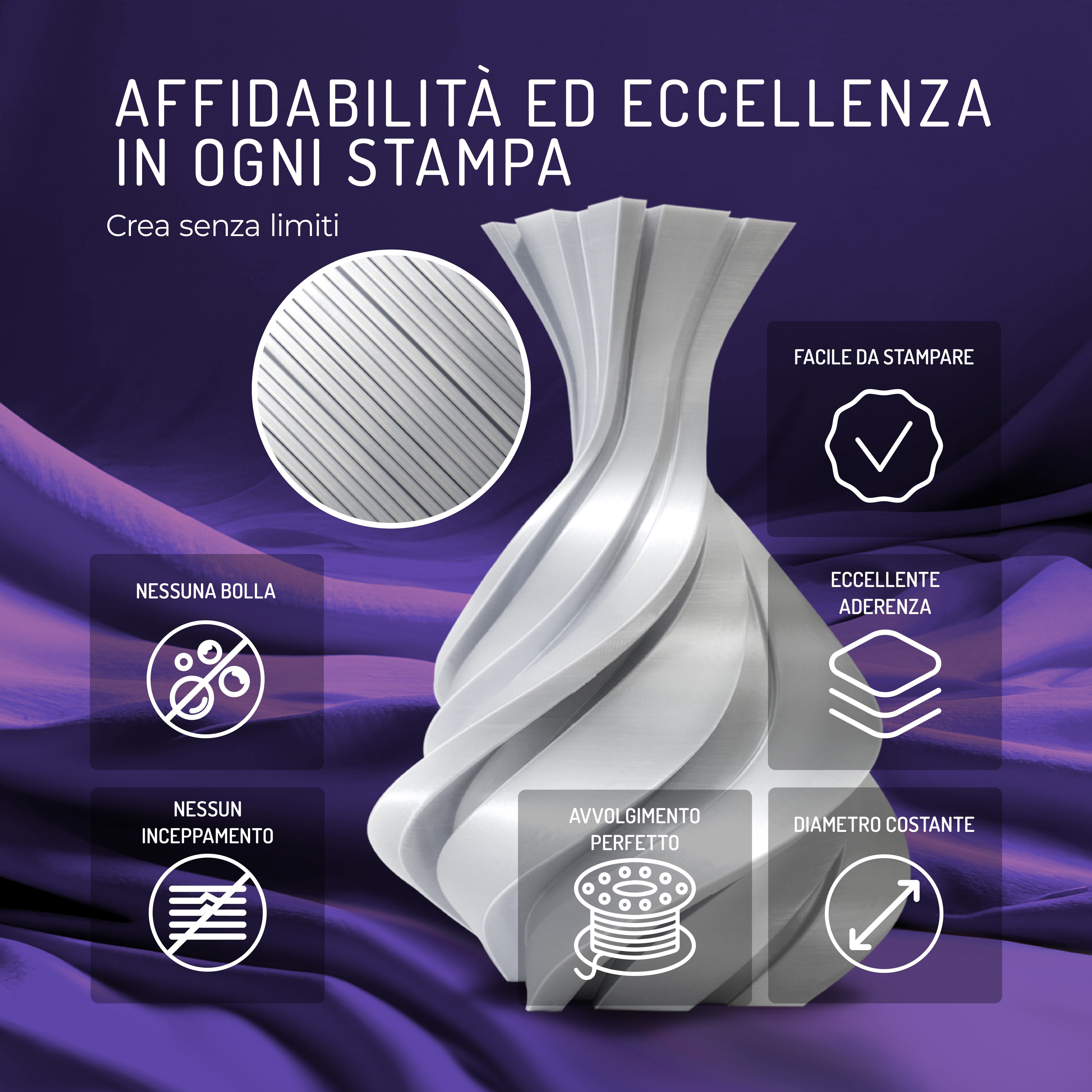 Imagen promocional de filamento para impresora 3D con un jarrón blanco retorcido.