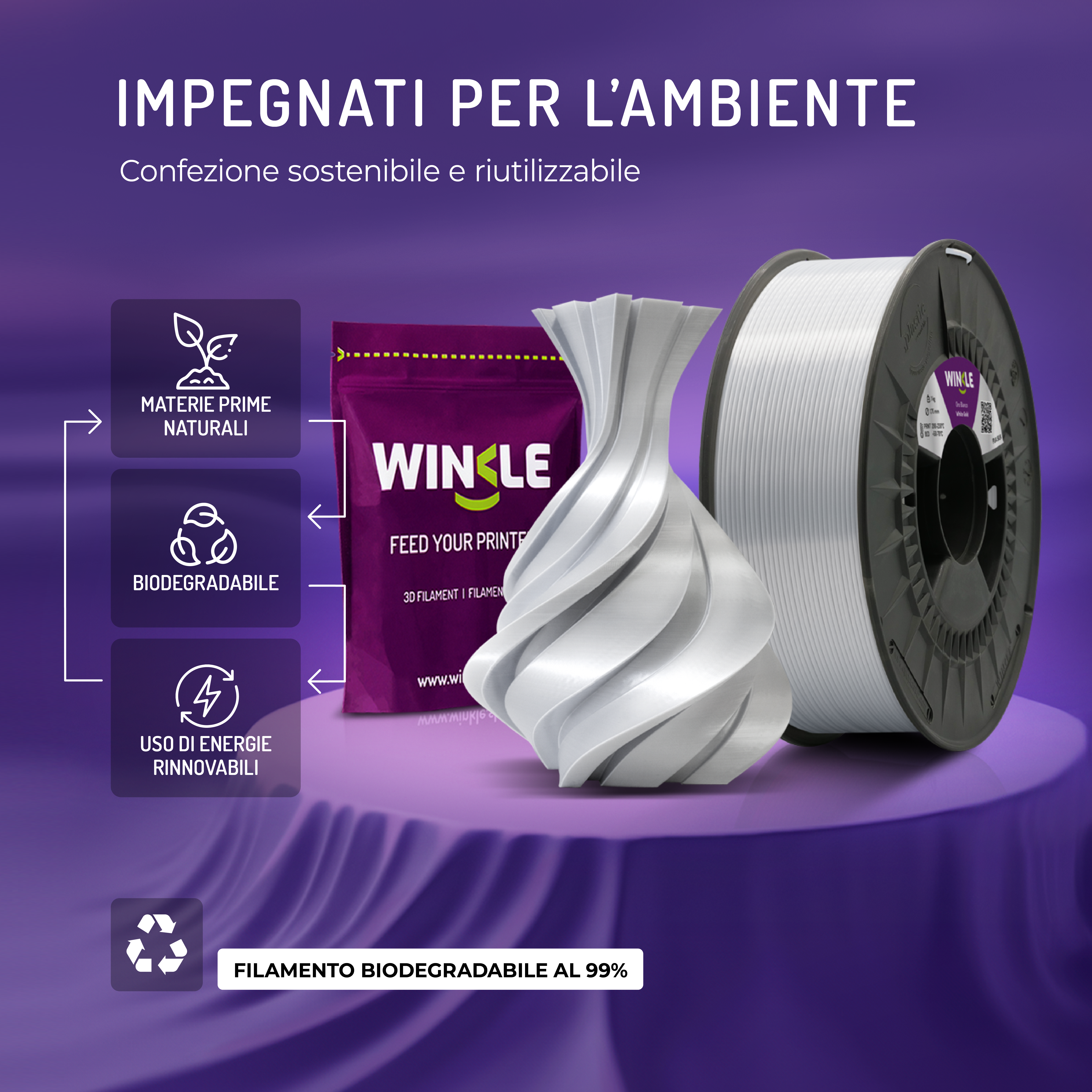 Fondo morado con filamento de impresora 3D, carrete, jarrón impreso, bolsa e iconos de sostenibilidad.