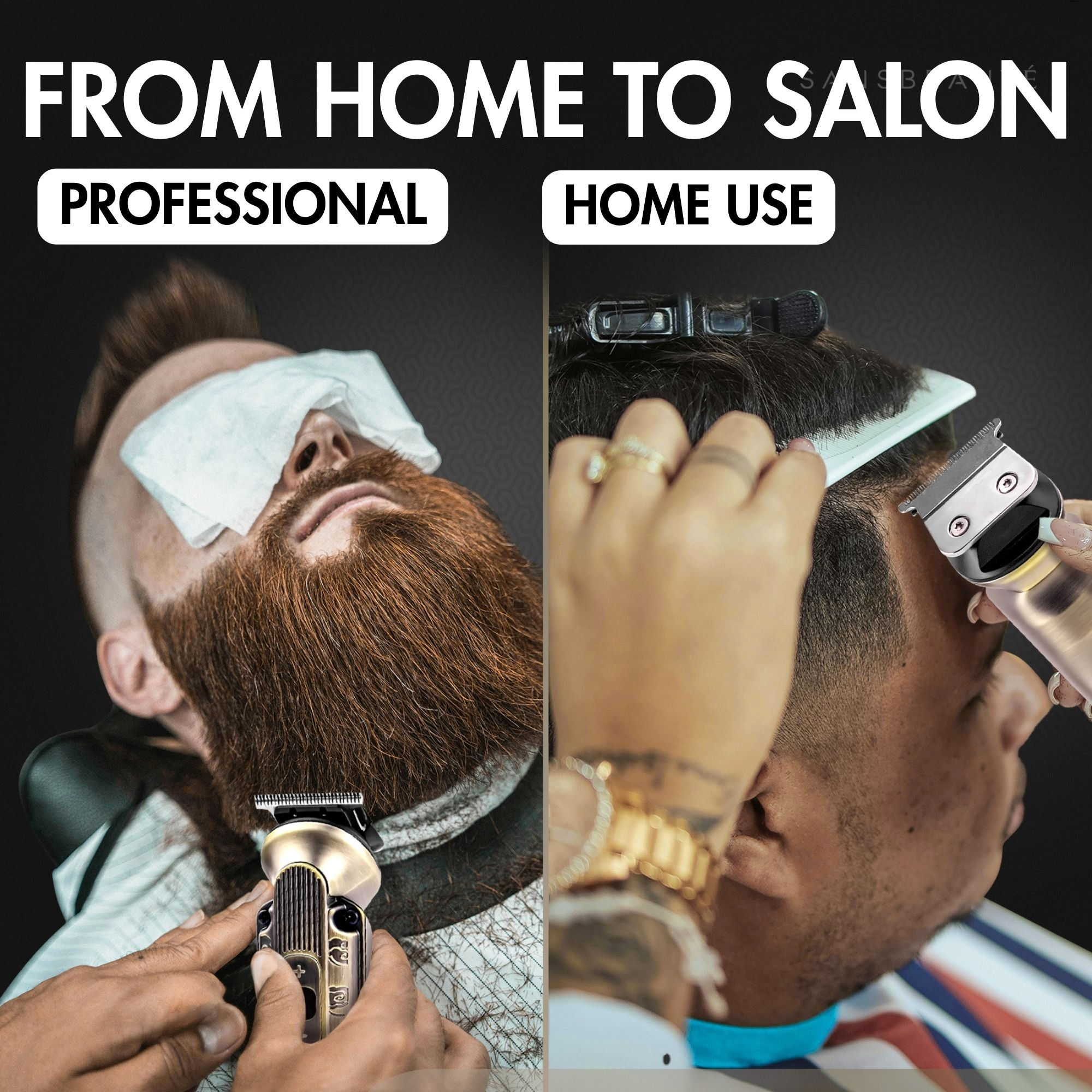 Vergelijkingsafbeelding: links professionele baardtrim, rechts thuiskapsel.