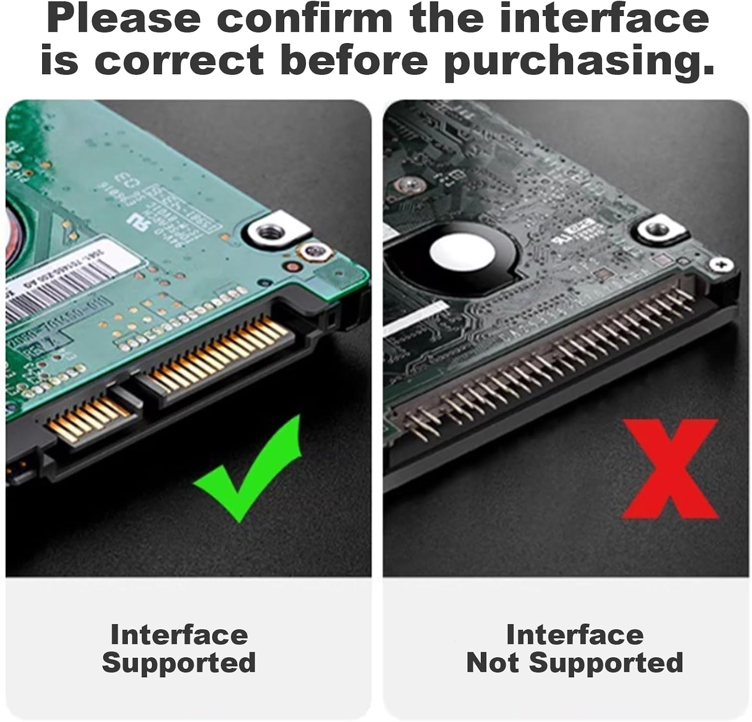 Vergleich von Festplattenschnittstellen: unterstützte SATA-Schnittstelle mit Haken, nicht unterstützte mit einem X.