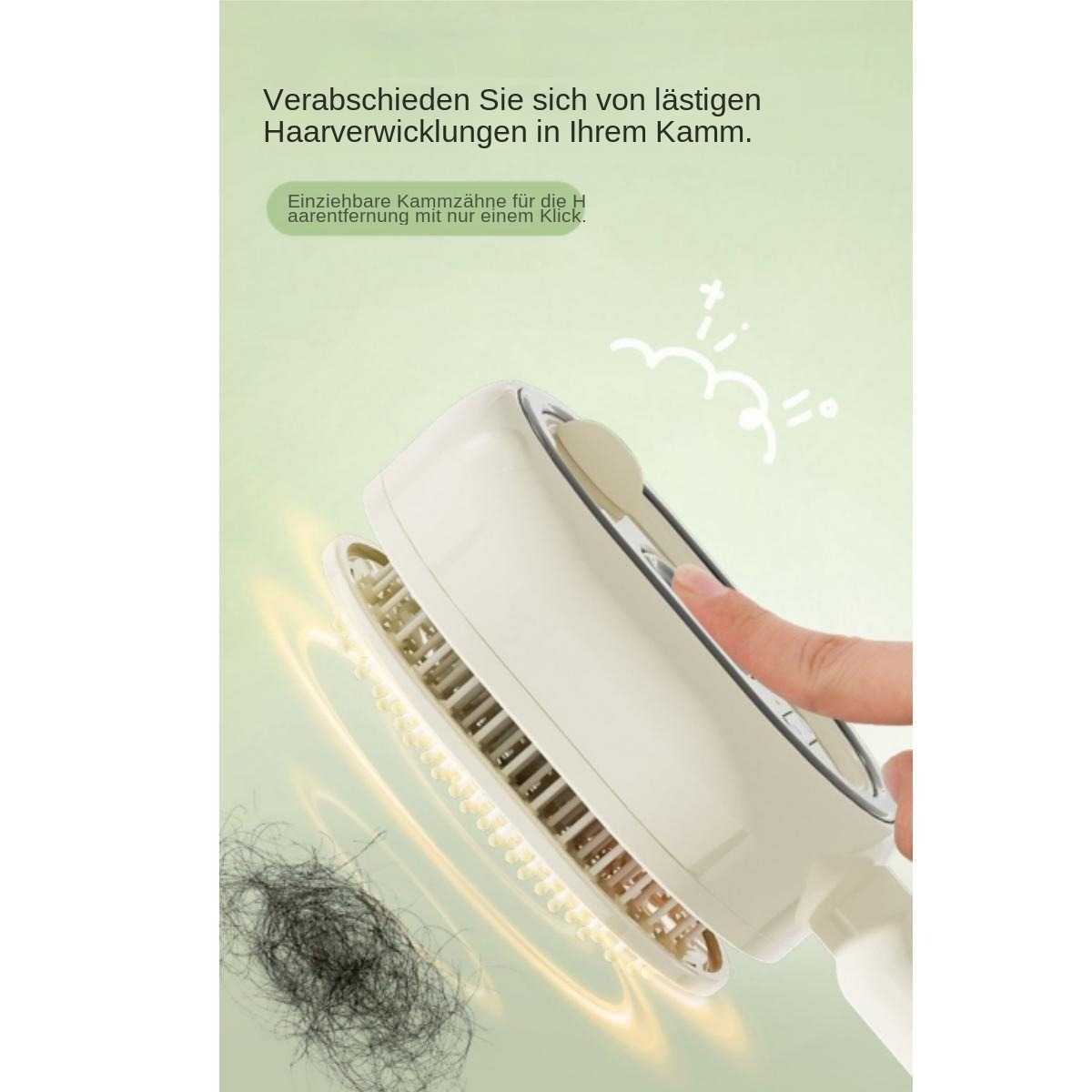 Eine Hand drückt den Knopf einer weißen Bürste, deren Zähne sich einziehen und Haare leicht entfernen.