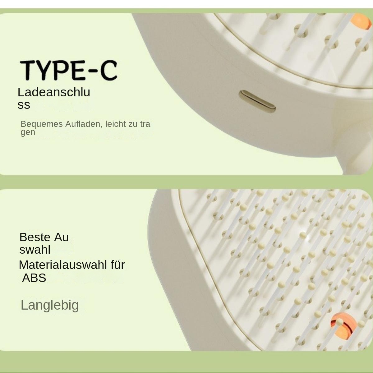 Zwei Produktbilder zeigen einen Typ-C Ladeanschluss und ABS-Materialborsten einer hellen Bürste auf grünem Hintergrund.