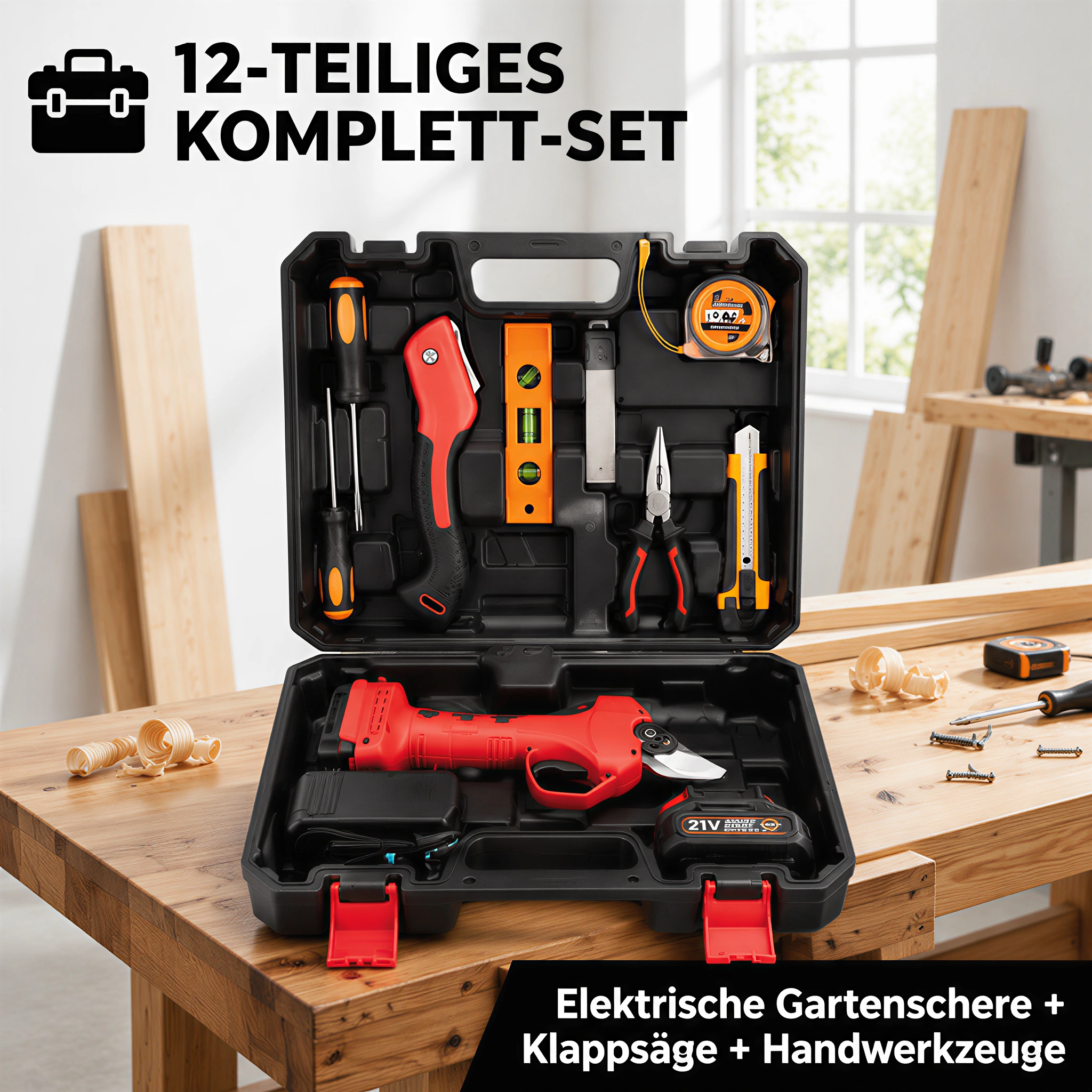 Offener schwarzer Werkzeugkasten mit Elektro-Gartenschere, Klappsäge und Handwerkzeugen auf einem Holztisch.