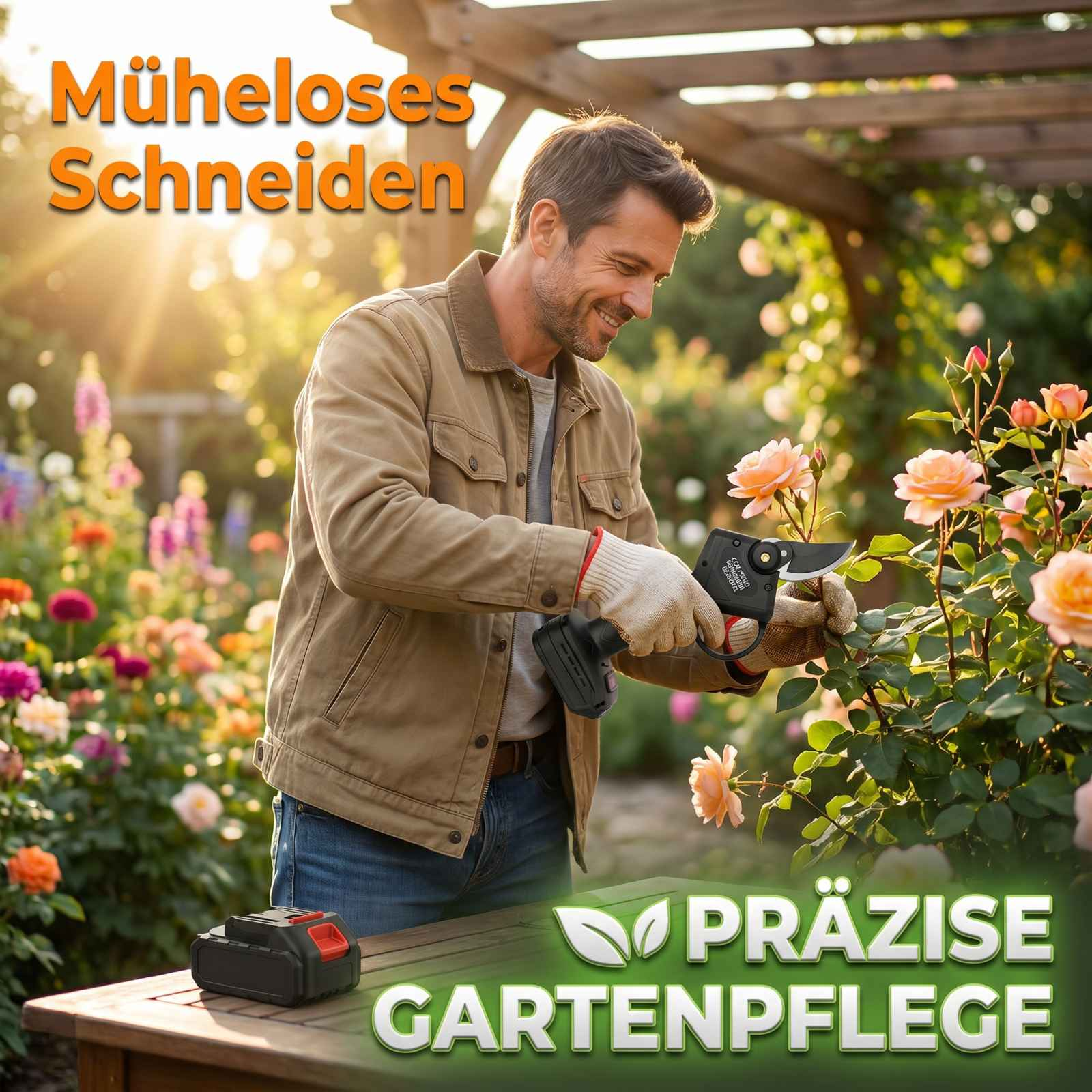 Ein Mann im Garten schneidet Rosen mit einer Akkuschere, mit Textoverlay über müheloses Schneiden und präzise Gartenpflege.