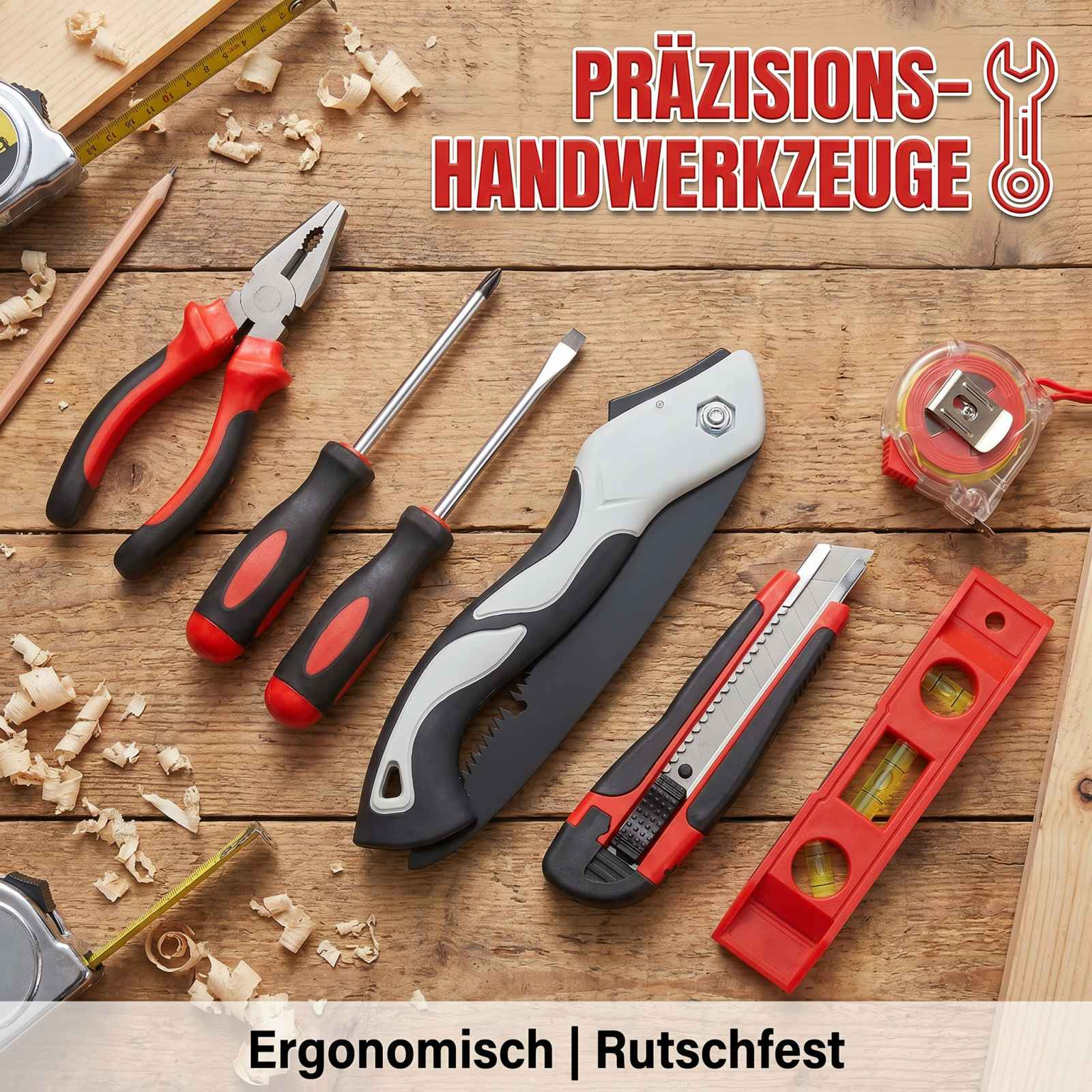 Verschiedene Werkzeuge wie Zange, Säge, Schraubenzieher und Zollstock auf einer Holzwerkbank.
