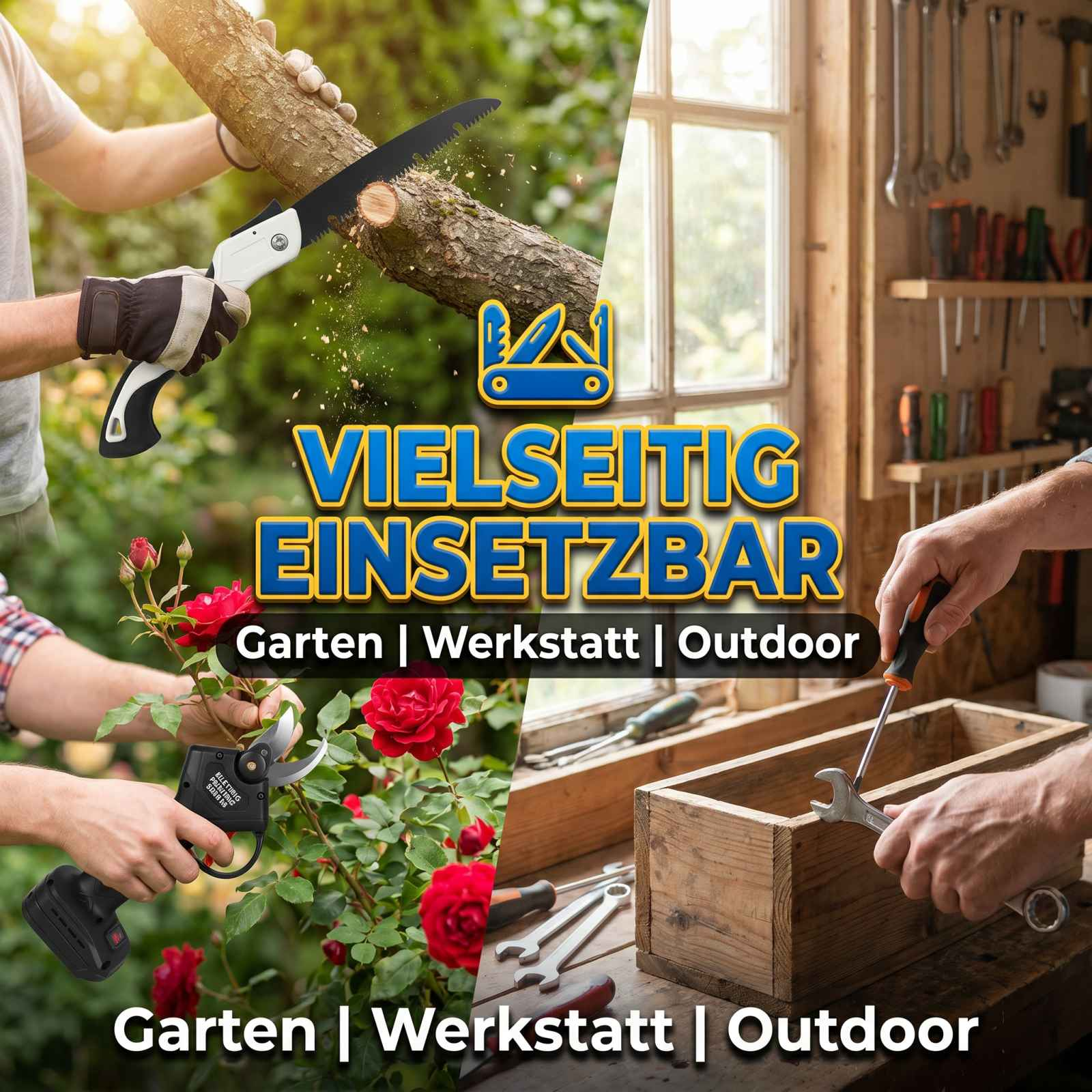 Eine Collage mit einer Hand beim Holzsägen, beim Rosenschneiden und bei der Holzarbeit mit Werkzeug in einer Werkstatt.