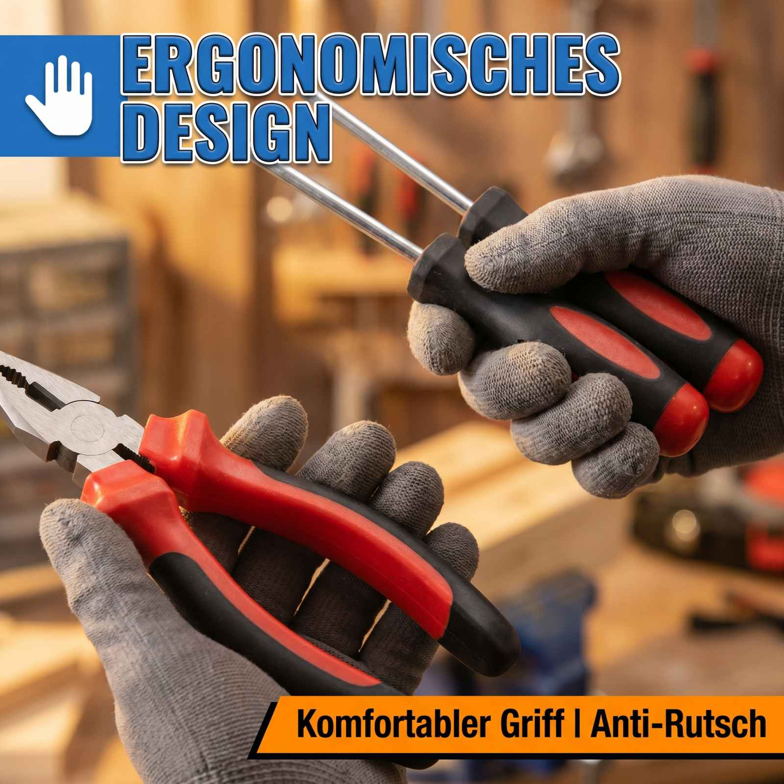 Gezierte Hände in Handschuhen halten Werkzeuge wie Schraubenzieher und Zangen.