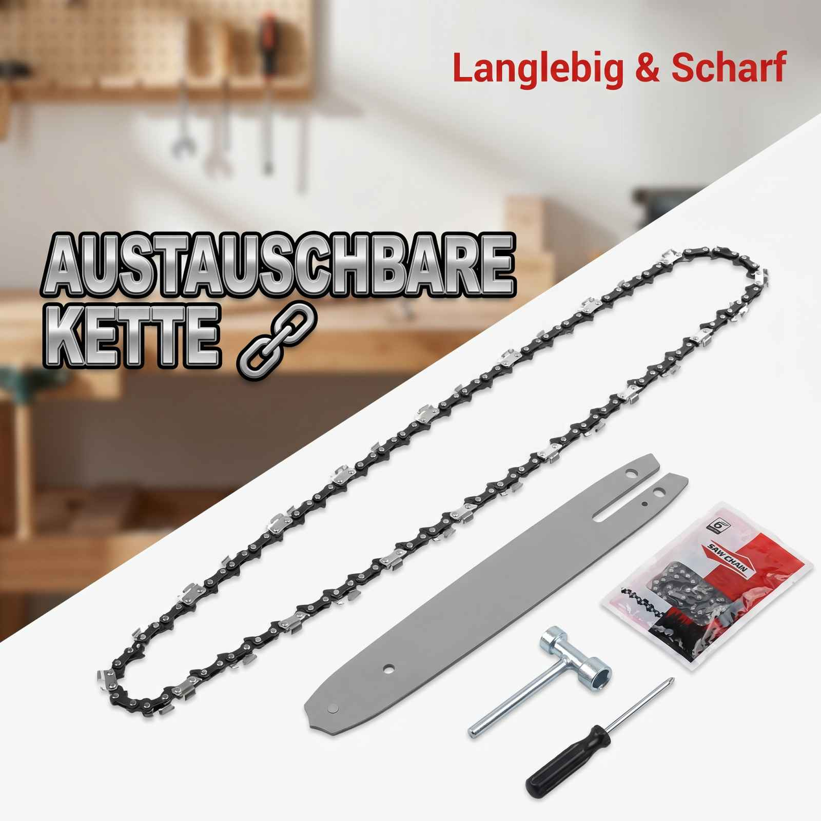 Kettensägenersatzteilset mit Schiene, Kette, Schraubenschlüssel und Schraubendreher vor einer Werkstatt.