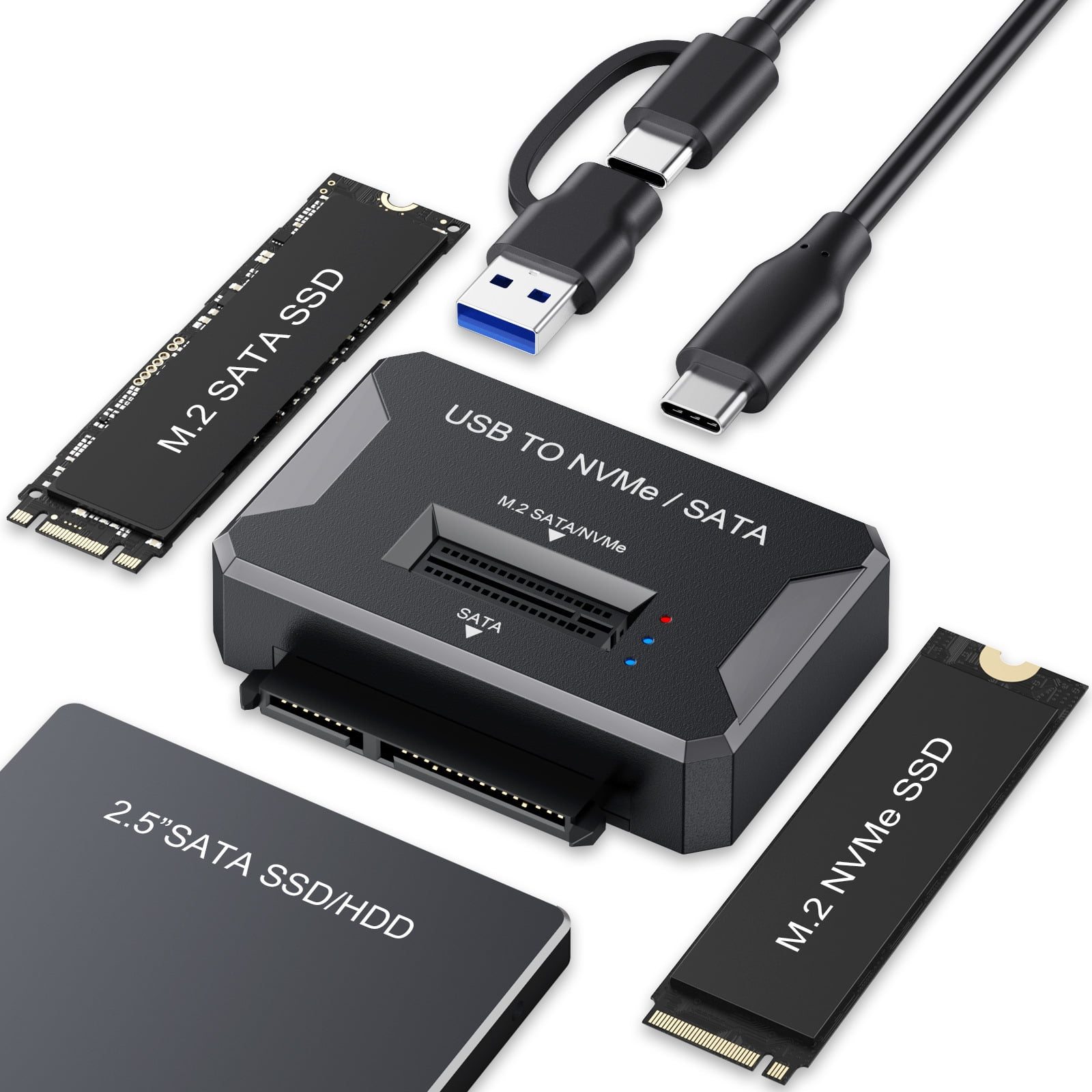 Ein schwarzes M.2- und SATA-SSD-Enclosure mit USB-Kabeln und verschiedenen SSD-Typen.