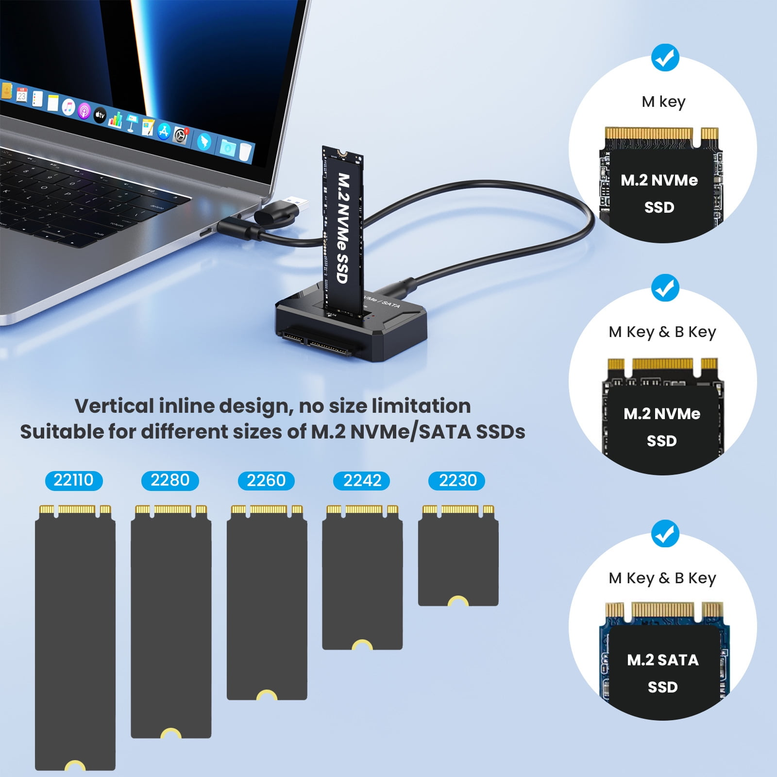Eine M.2 SSD-Dockingstation an einem Laptop, die Kompatibilität mit verschiedenen SSD-Größen zeigt.