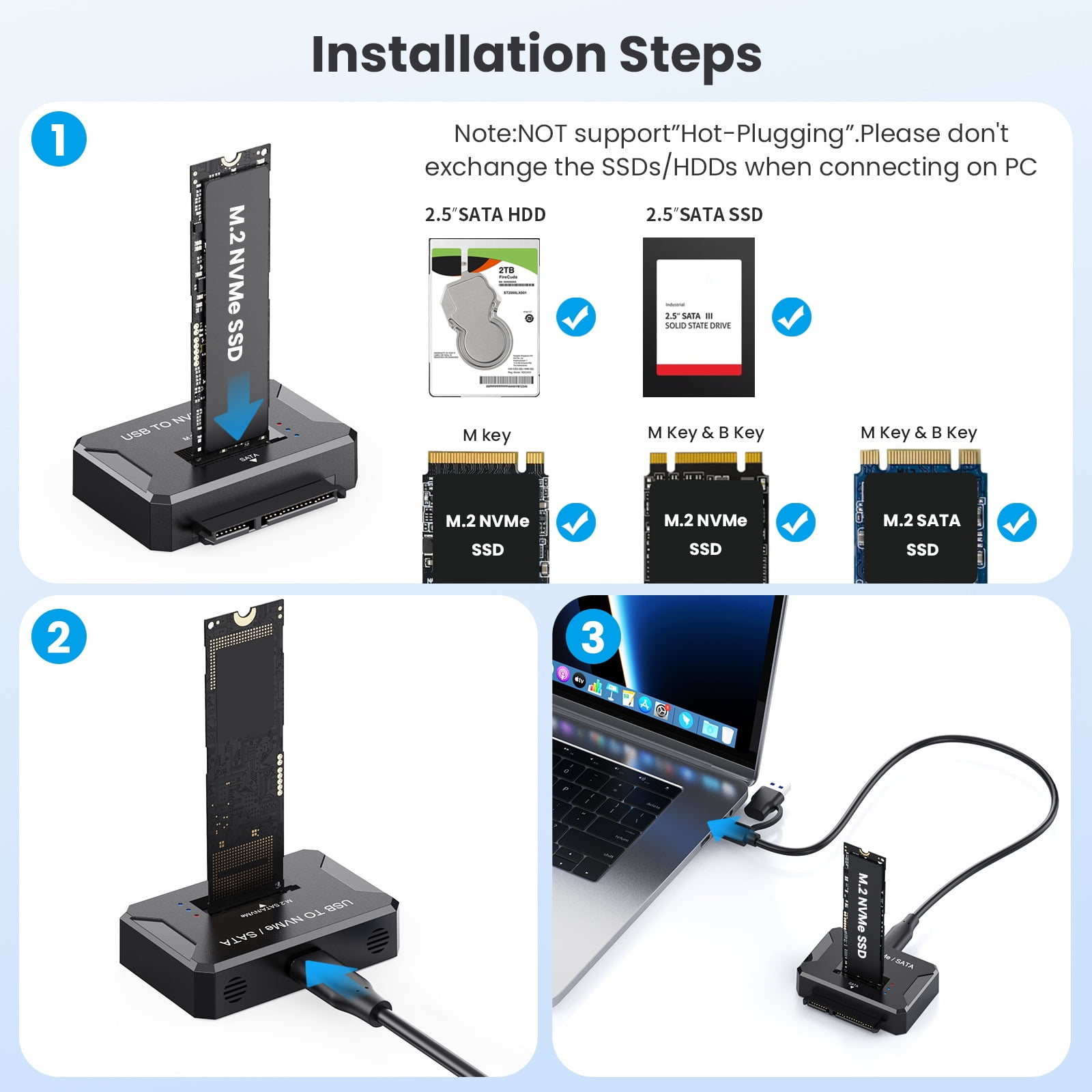 Anleitung für eine M.2 NVMe SSD Dockingstation mit drei Installationsschritten.