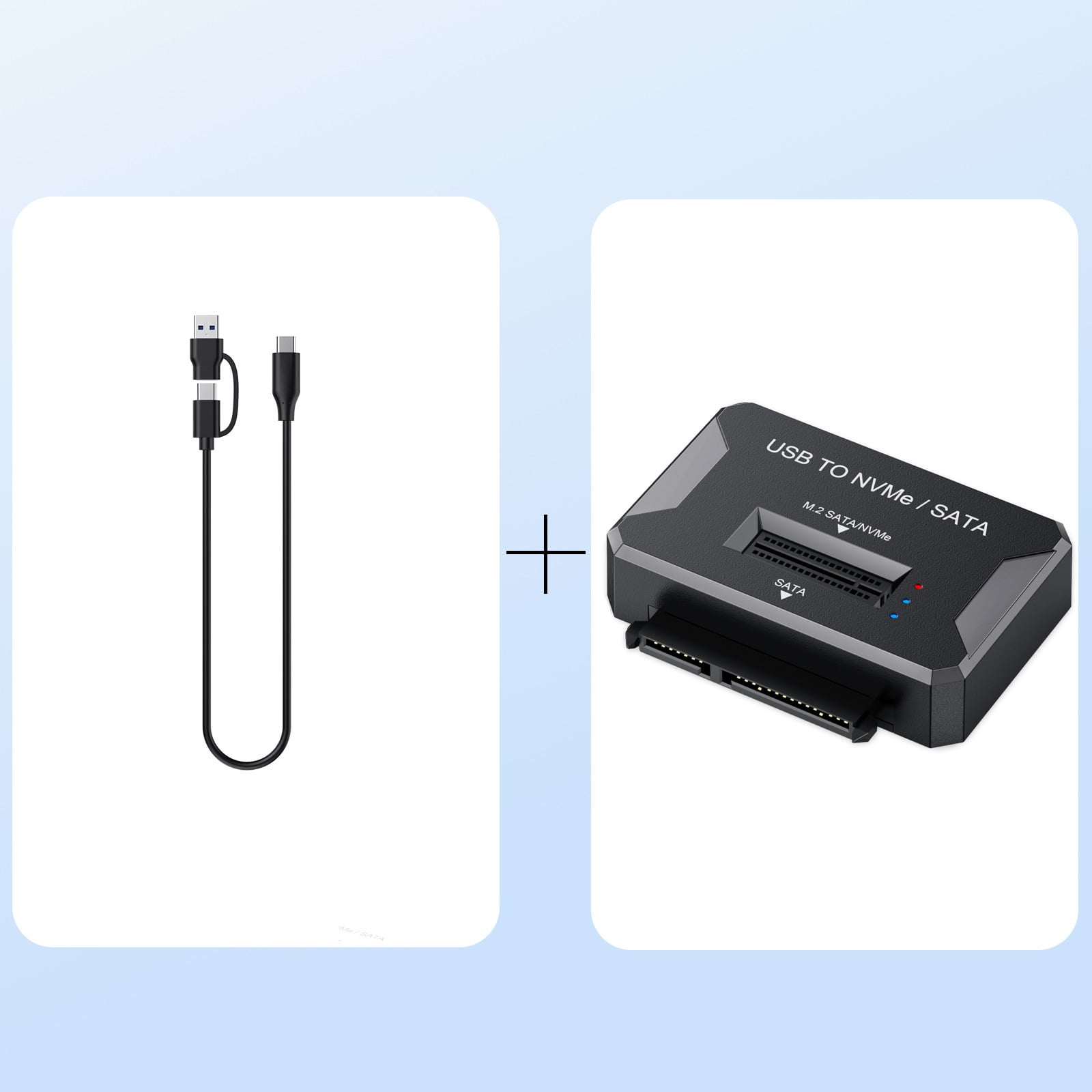 Schwarzer USB zu NVMe / SATA Adapter mit passendem USB-Kabel auf blauem Hintergrund.