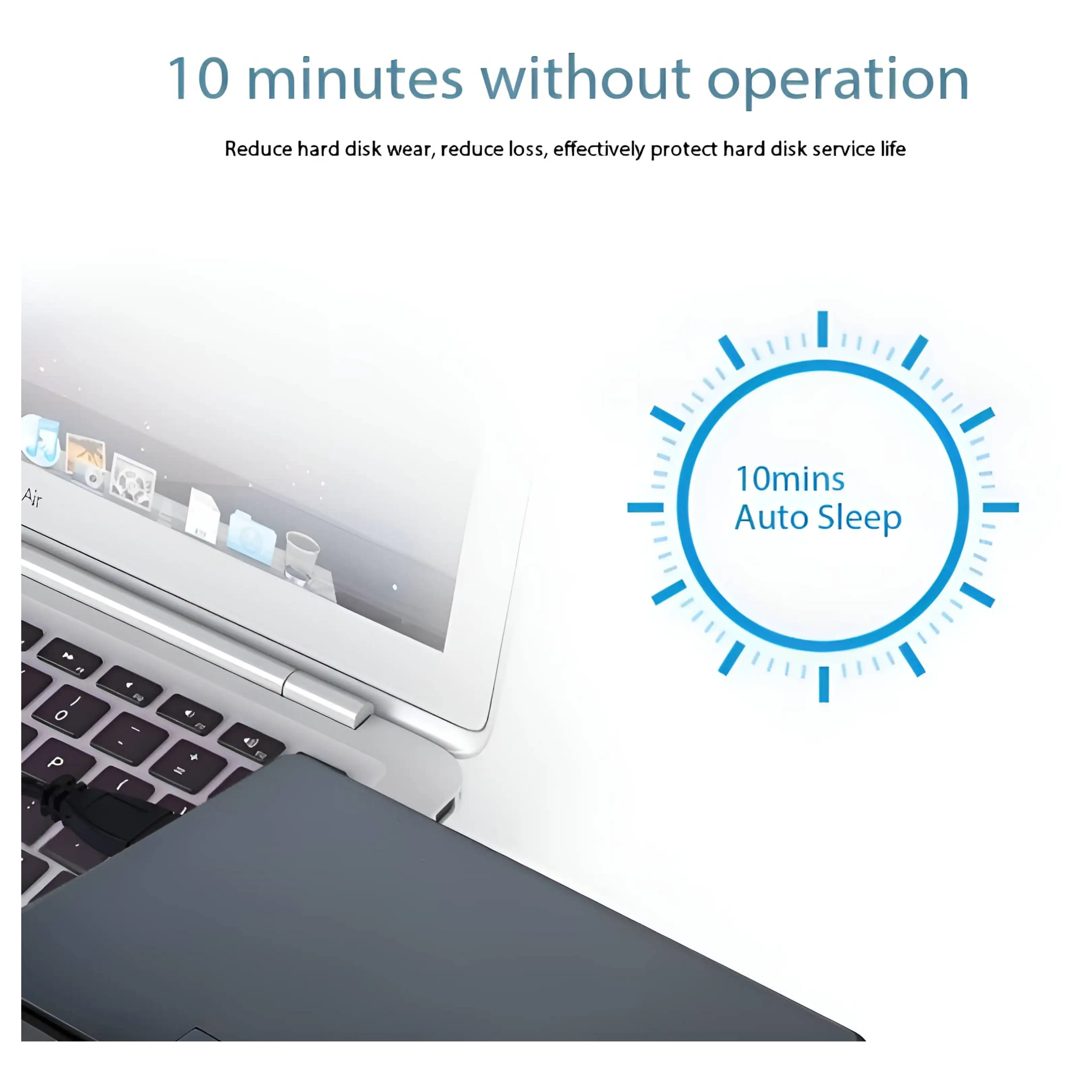 Laptop mit externem Laufwerk und einer Grafik für den automatischen Standby-Modus nach 10 Minuten Inaktivität.