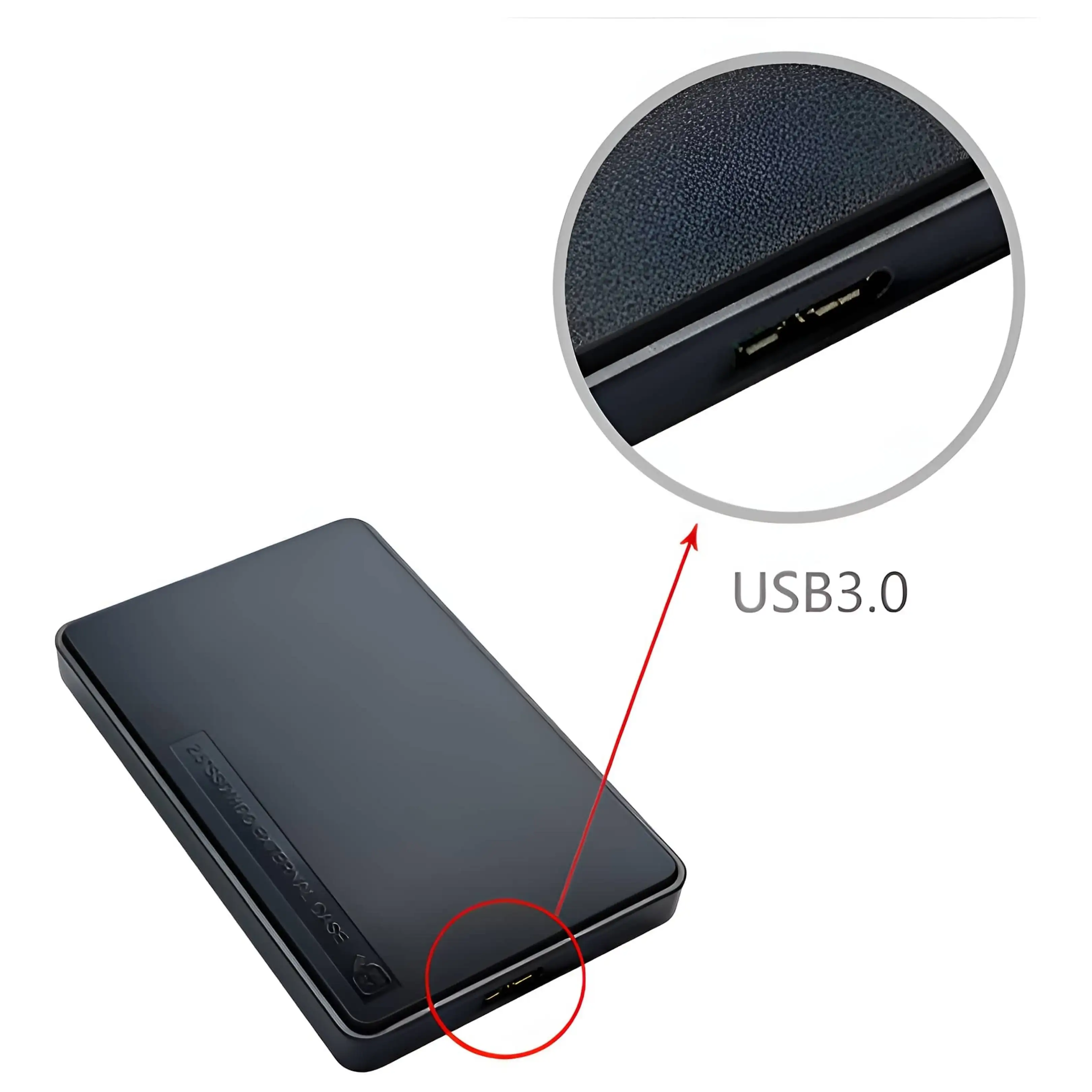 Eine schwarze externe Festplatte mit einer Detailansicht des USB 3.0-Anschlusses.