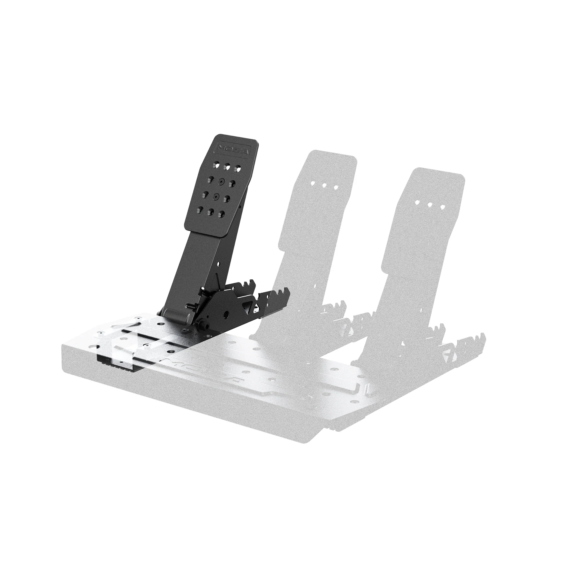 Een enkel zwart racepedaal gemonteerd op een grijze metalen basis, met twee andere pedaalposities in lichtgrijs.
