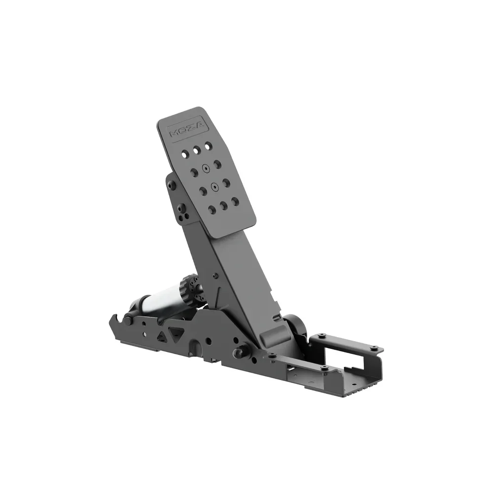 Een zwart sim-racing pedaal met metalen structuur en verstelbare elementen op witte achtergrond.