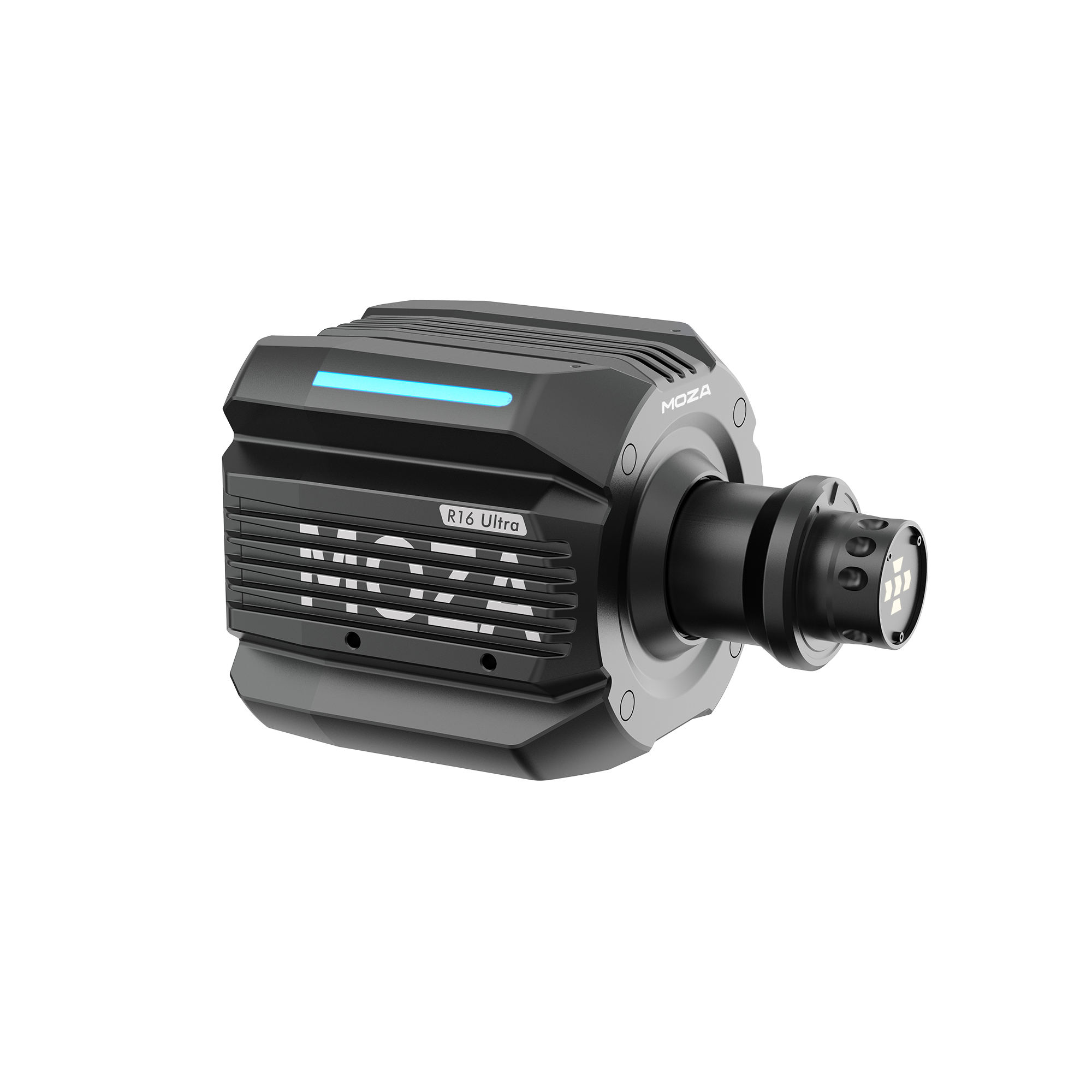 Base de volant à entraînement direct noire Moza R16 Ultra avec bande LED bleue et ailettes de refroidissement.