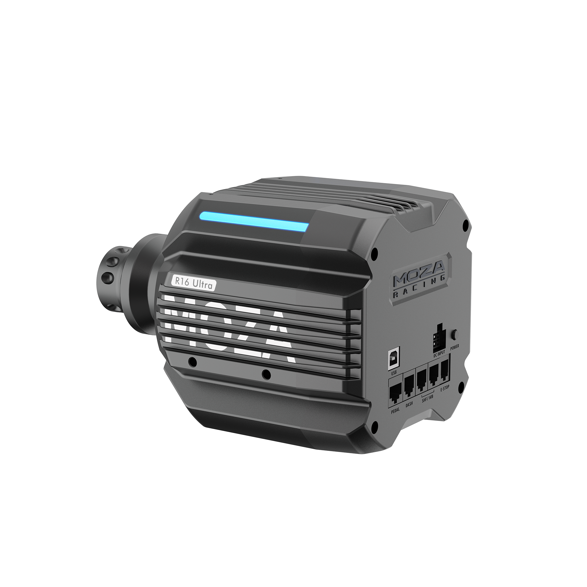 Base de volant de course sim MOZA R16 Ultra noire avec ports et voyant LED bleu sur fond blanc.