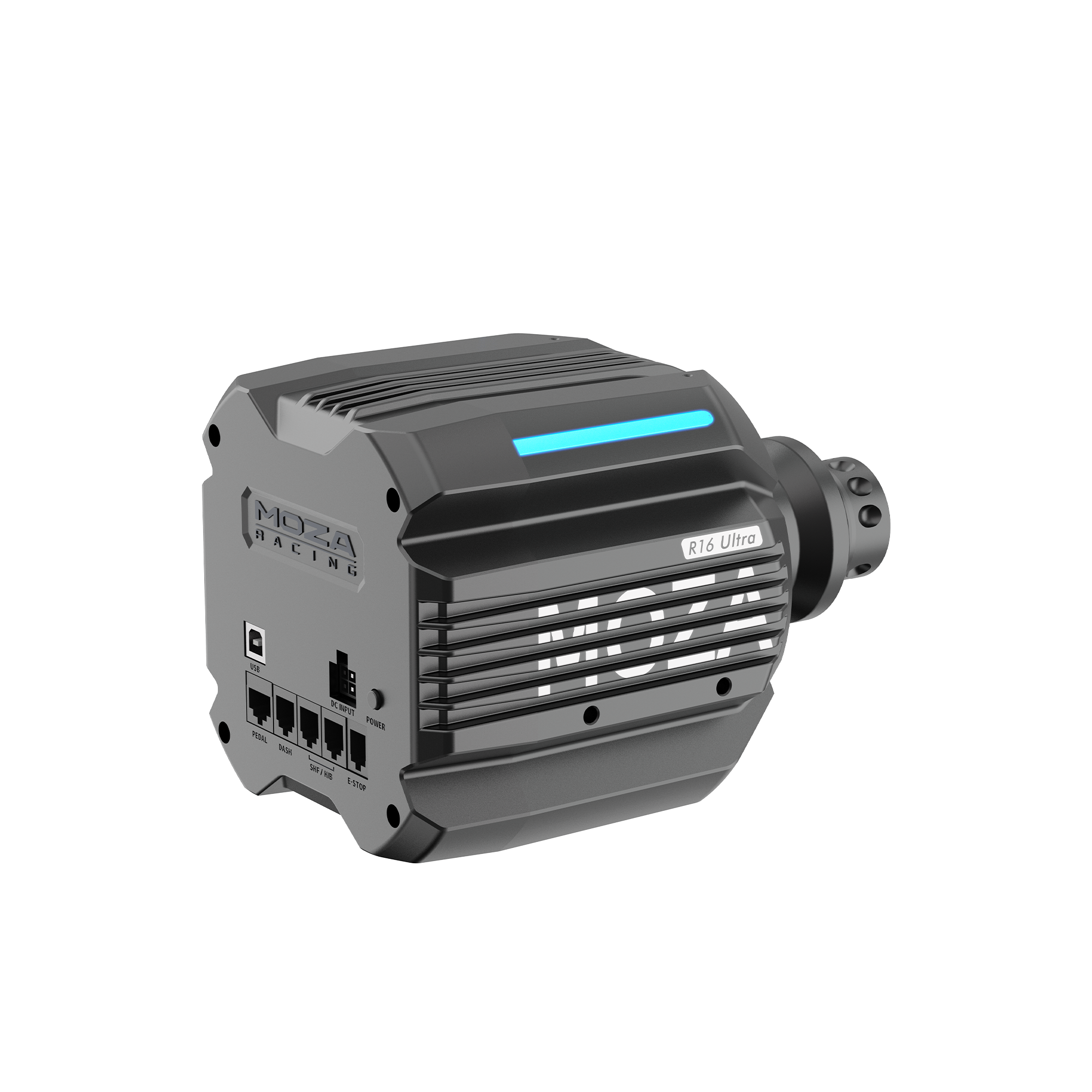 Une base de volant à entraînement direct Moza R16 Ultra noire avec ailettes de refroidissement et ports de connexion.