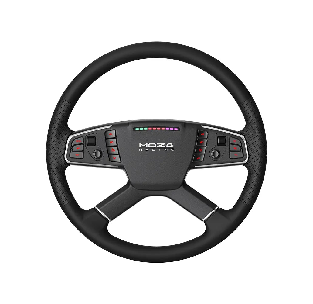 Volant noir Moza Racing doté de nombreux boutons et d'un écran LED RVB.