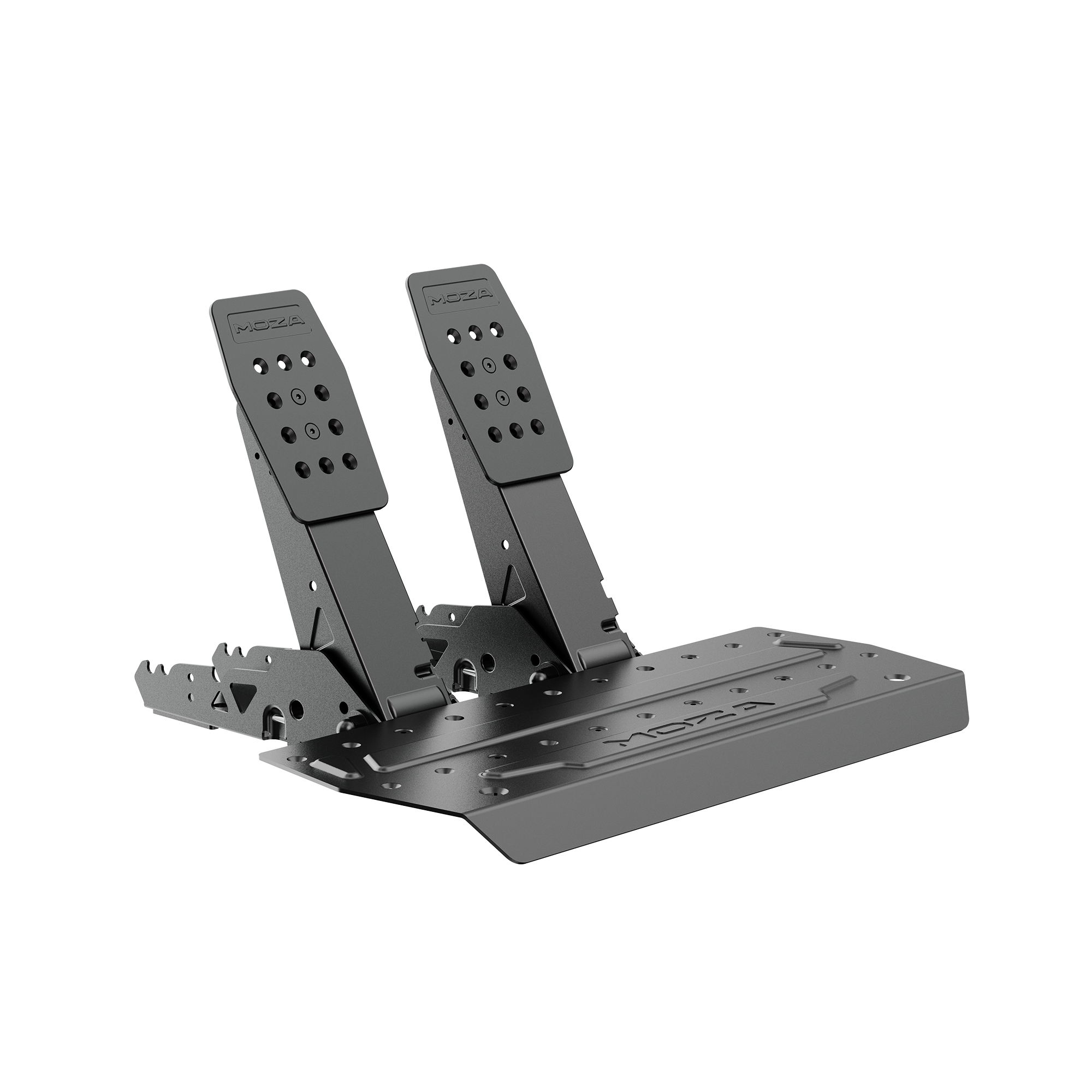 Jeu de pédales de simracing en métal noir avec deux pédales verticales montées sur une plaque de base texturée.