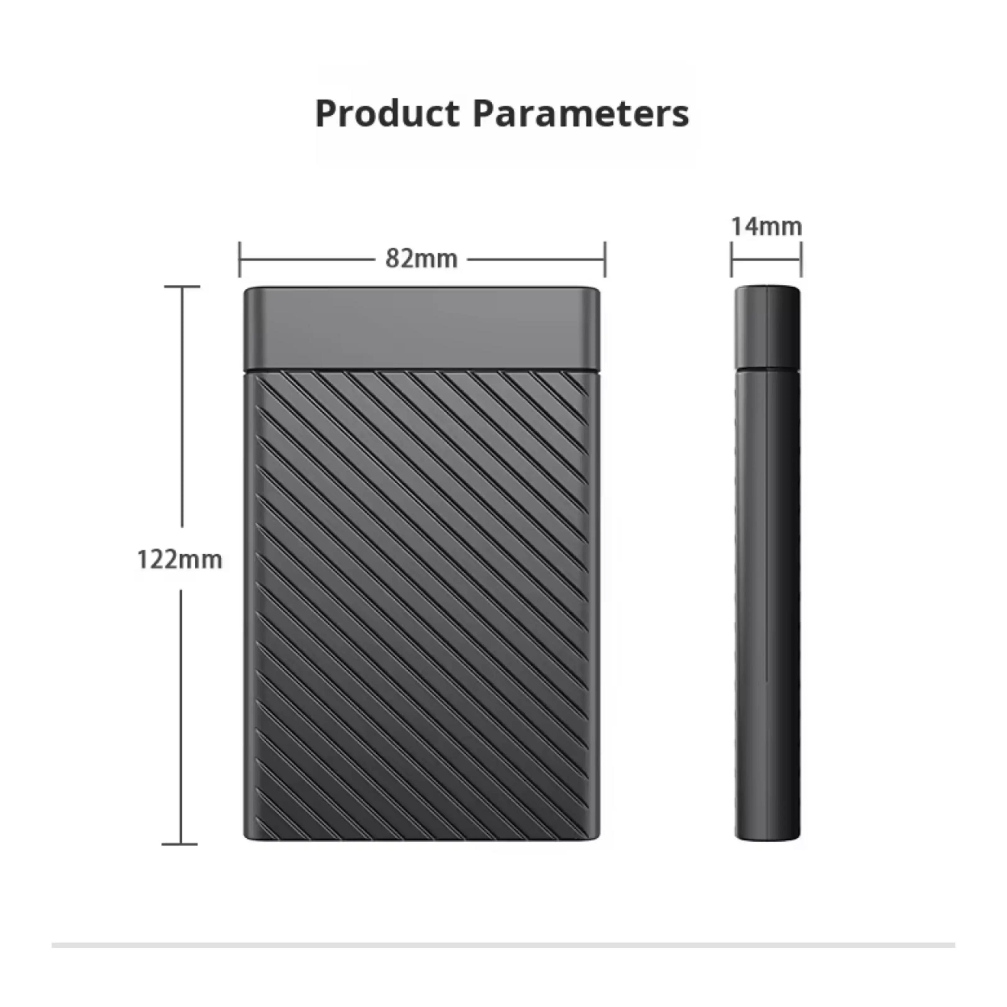 Technische Zeichnung eines externen Festplattengehäuses mit Maßen 122mm, 82mm und 14mm.