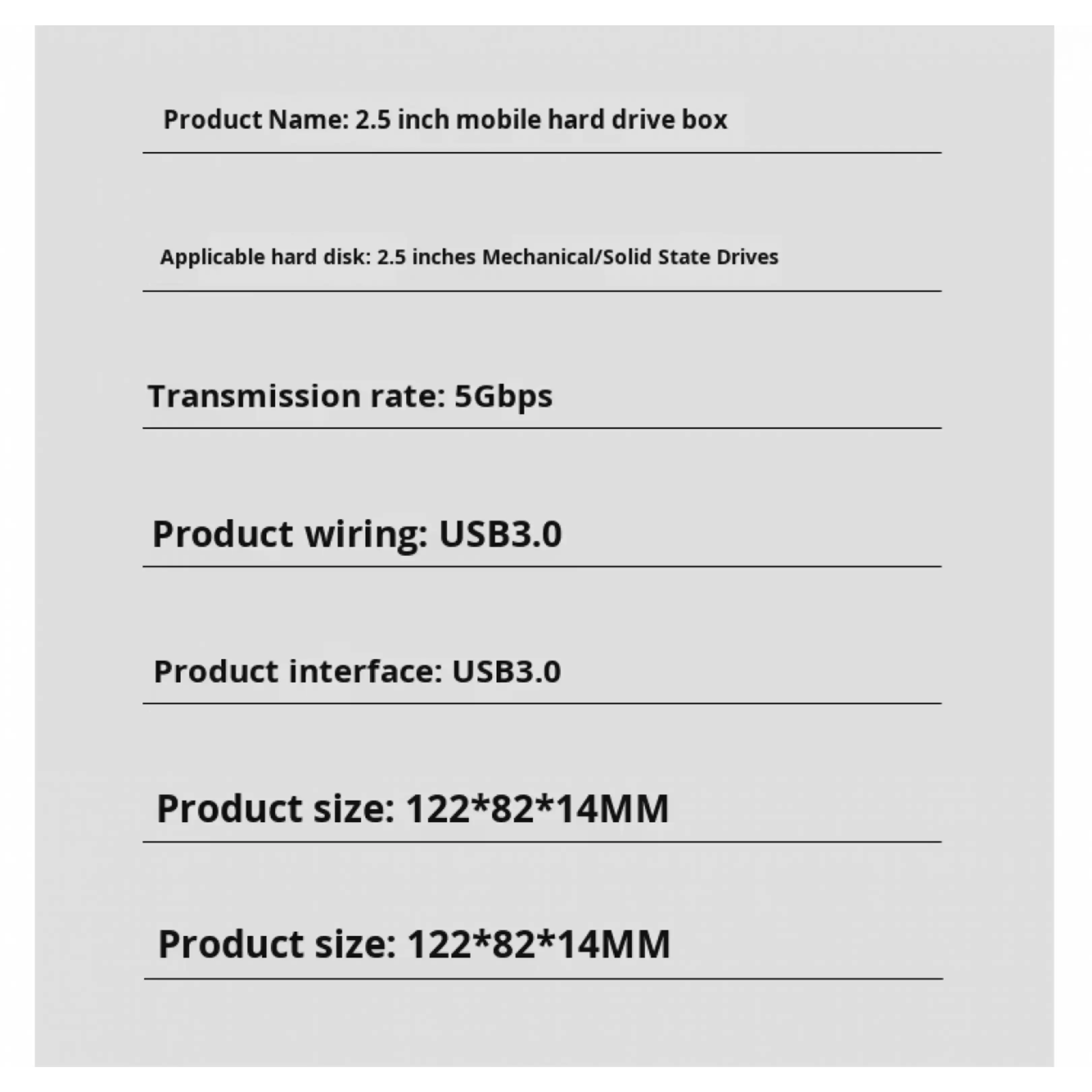 Produktspezifikationen für eine 2,5-Zoll-Mobilfestplattenbox mit USB3.0-Schnittstelle.