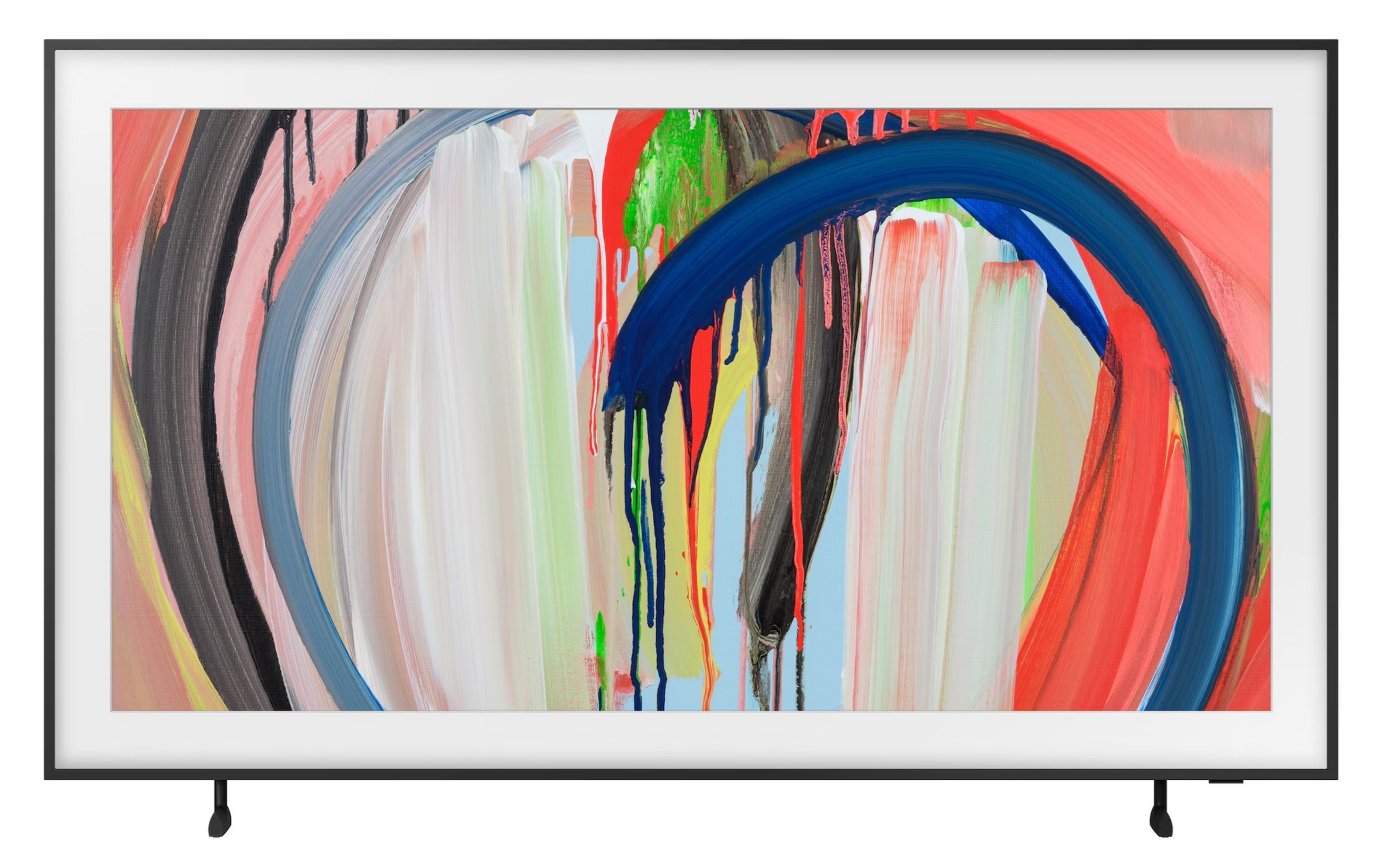 Une peinture abstraite aux traits audacieux de rouge, bleu, vert et noir sur fond clair dans un cadre fin.