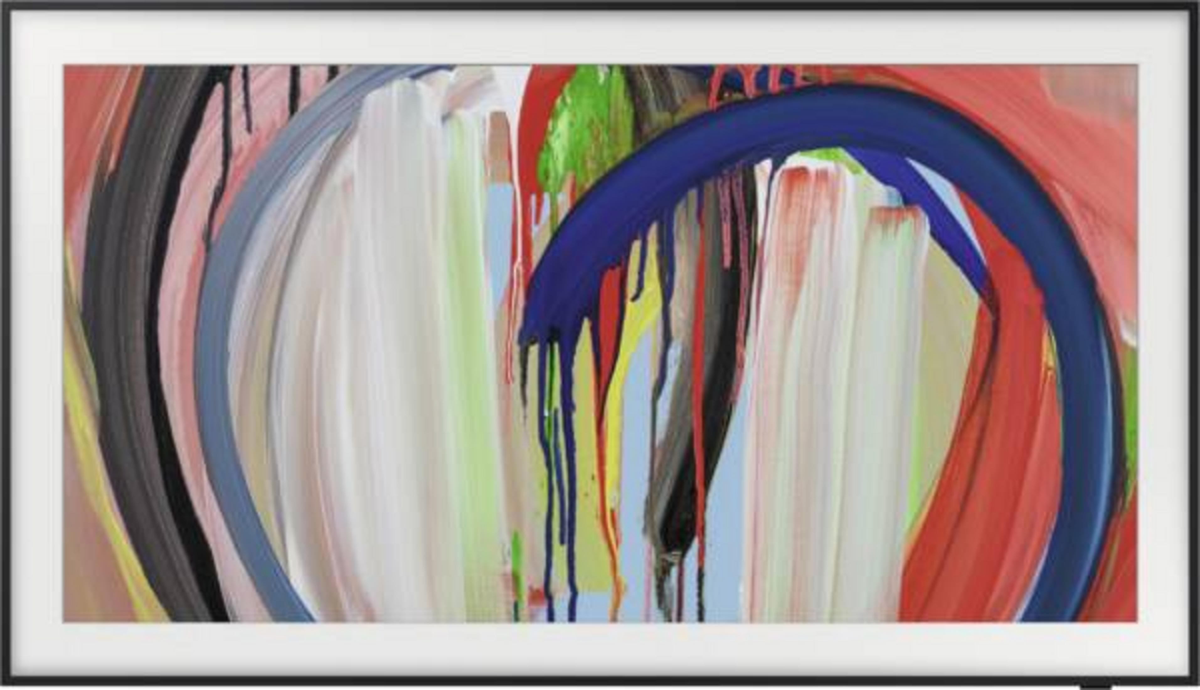 Une peinture abstraite avec de larges coups de pinceau colorés et des coulures.
