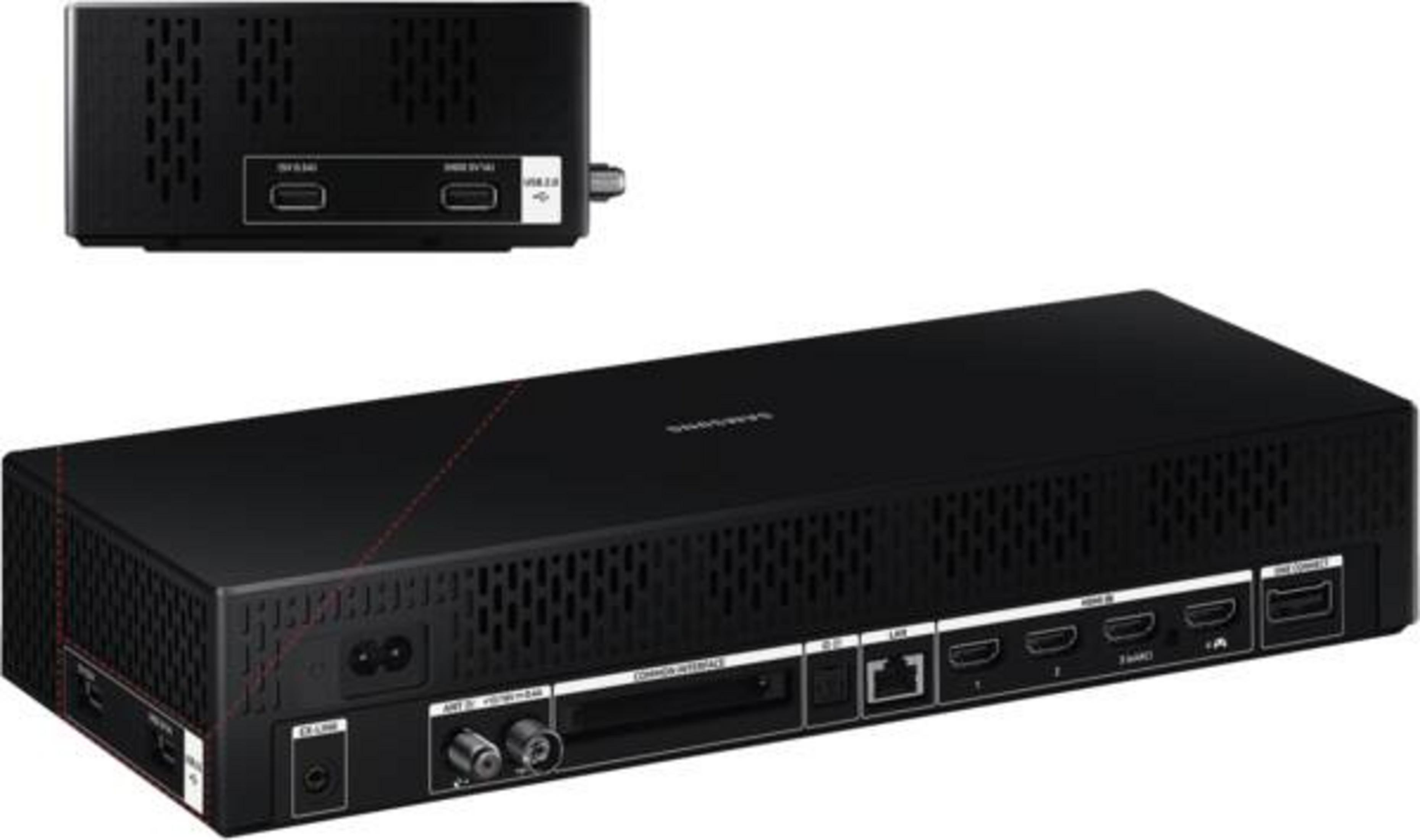 Boîtier One Connect Samsung noir montrant ses ports arrière et latéraux.